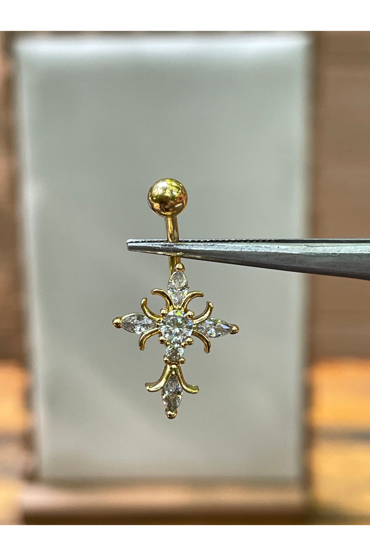 Rupen Kraft 316 L Cerrahi Çelik Haç Modeli Zirkon Taşlı Göbek Piercingi