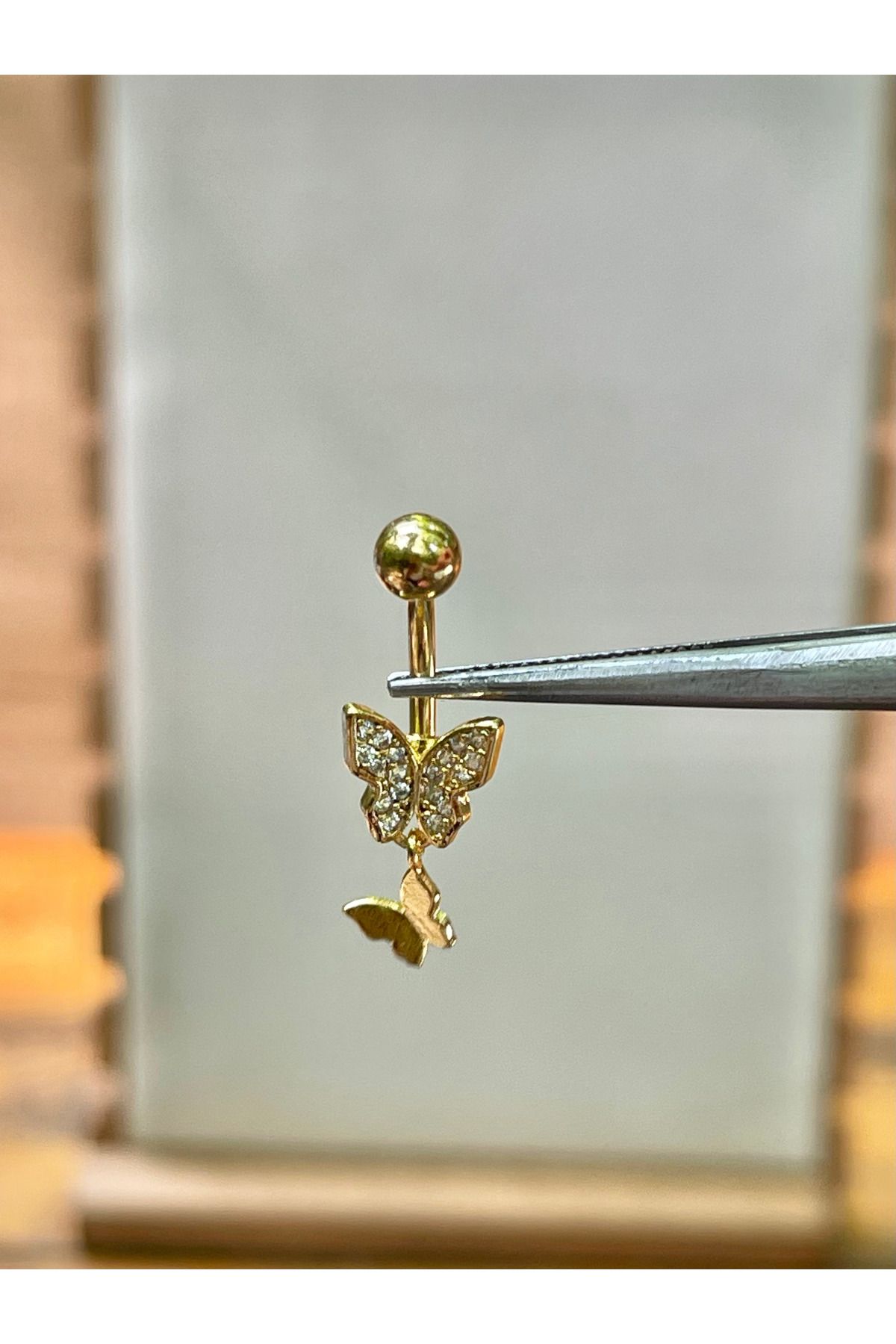 Rupen Kraft 316 L Cerrahi Çelik Kelebek Modeli Sallantılı Zirkon Taşlı Göbek Piercingi