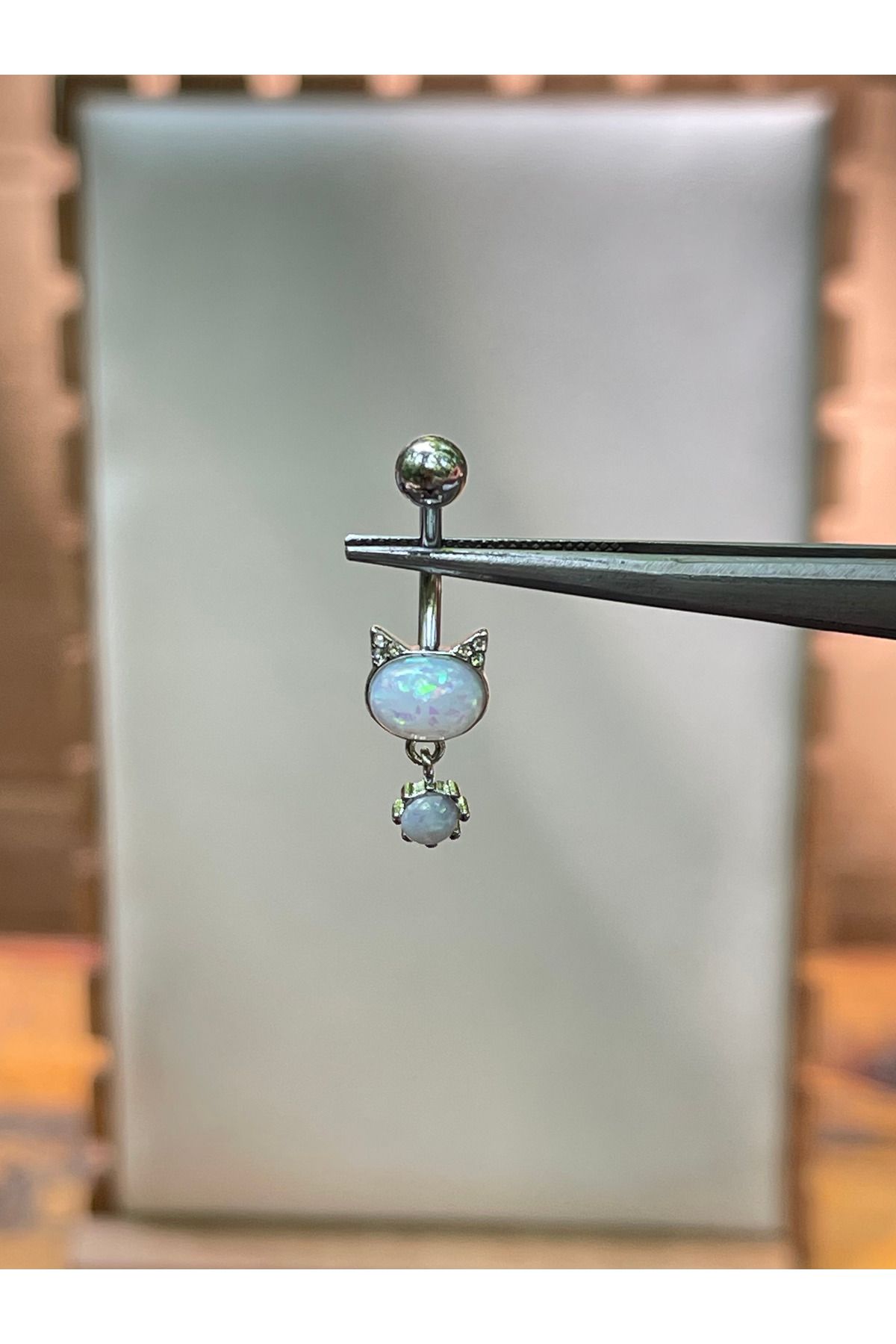 Rupen Kraft 316 L Cerrahi Çelik Kedi Modeli Opal Taşlı Zirkon Taş Detaylı Sallantılı Göbek Piercingi