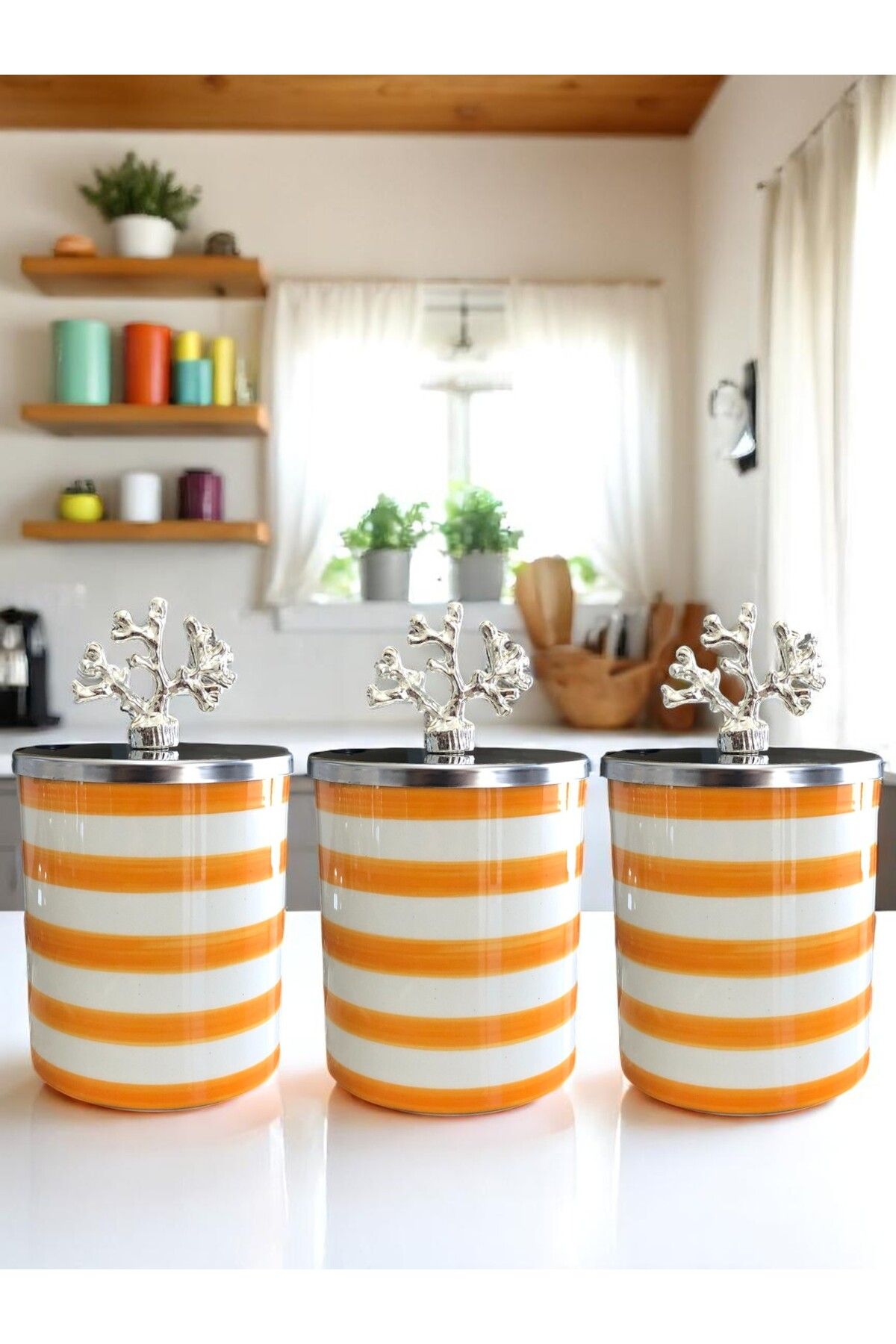 ferayhome Baharatlık 3 lü Set Kahve Köşesi 750 ml Hacimli Klasik Zebra Soft Sarı GÜMÜŞ Mercan