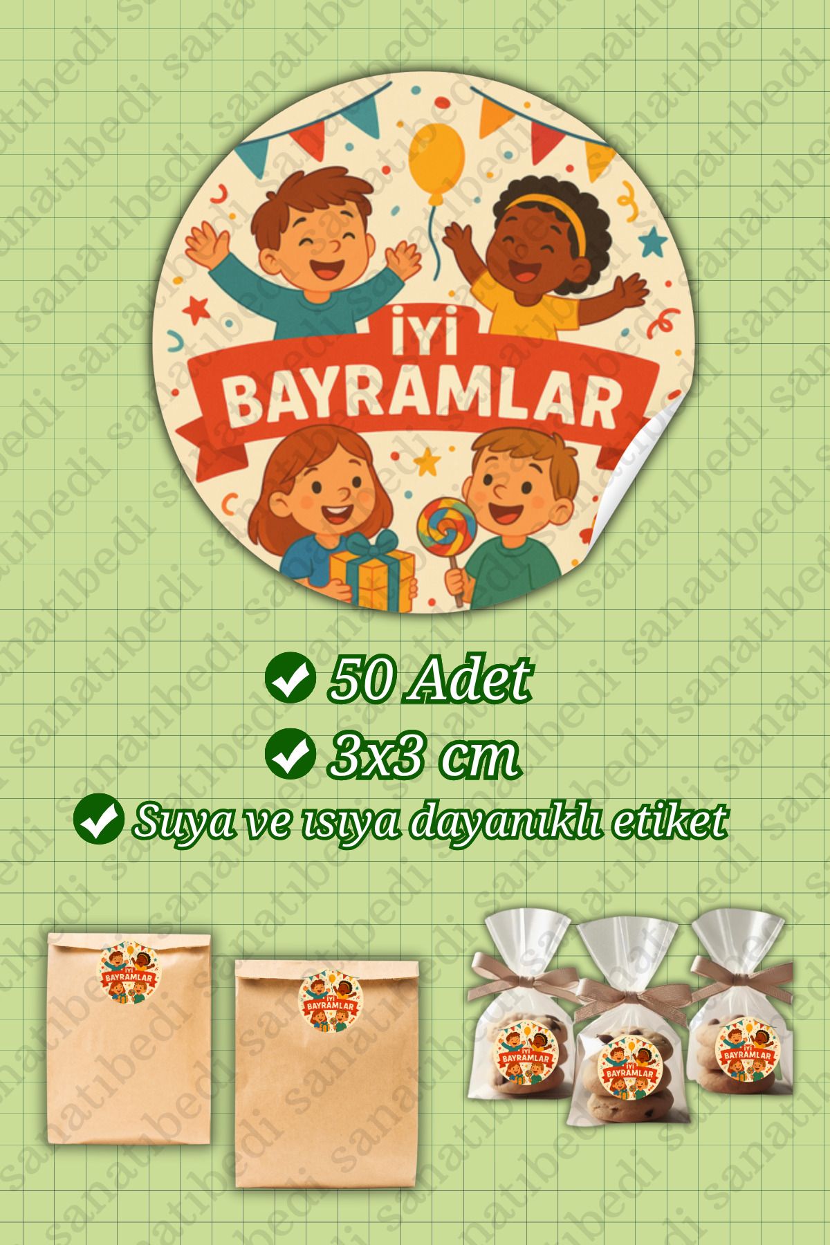 sanatıbedi 50 Adet İyi Bayramlar Temalı Sticker - Suya Dayanıklı Bayram Hediye Paketleme Etiketi