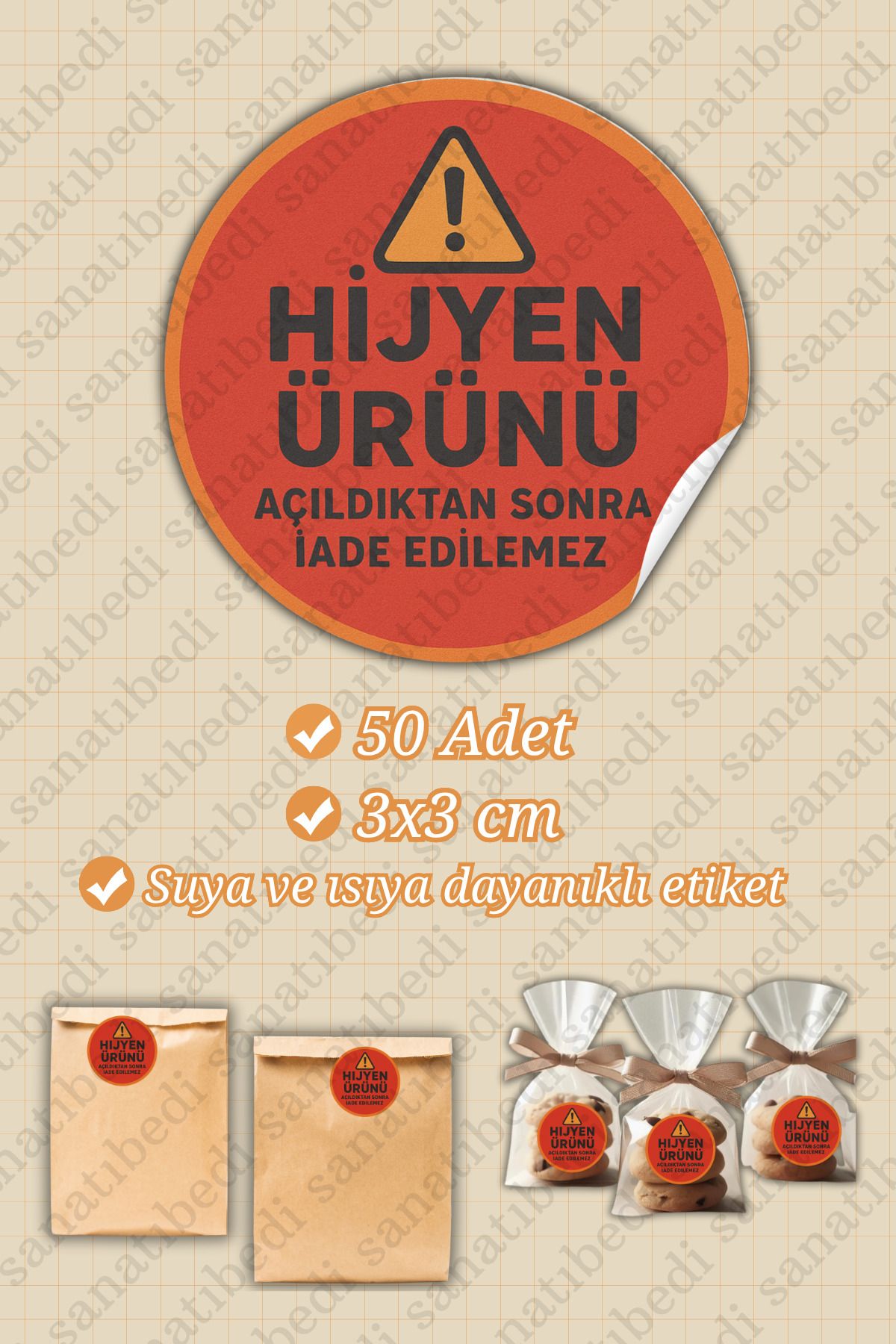 sanatıbedi 50 Adet Hijyen Sticker - Suya Dayanıklı Kargo Ambalaj Paketleme Etiketi