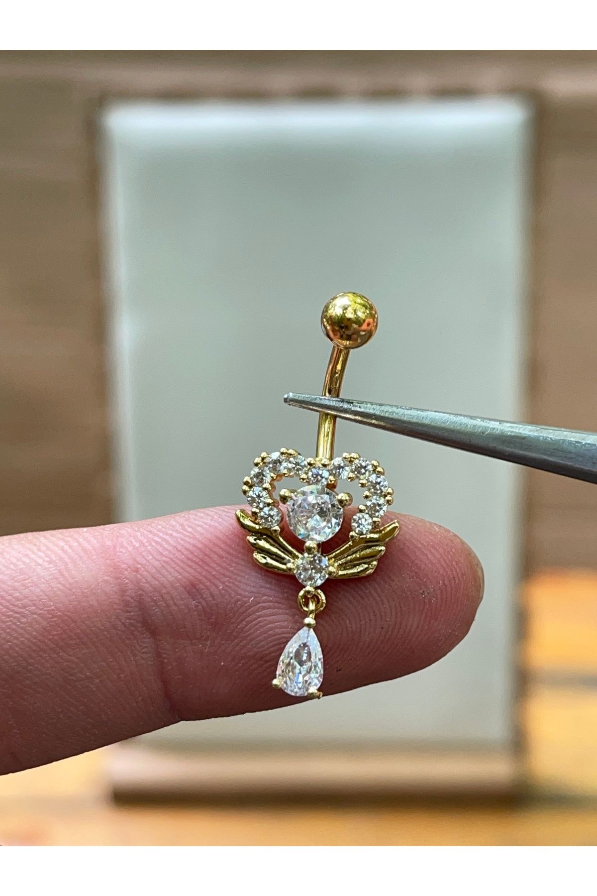 Rupen Kraft 316 L Cerrahi Çelik Kanatlı Kalp Modeli Zirkon Taşlı Göbek Piercing,