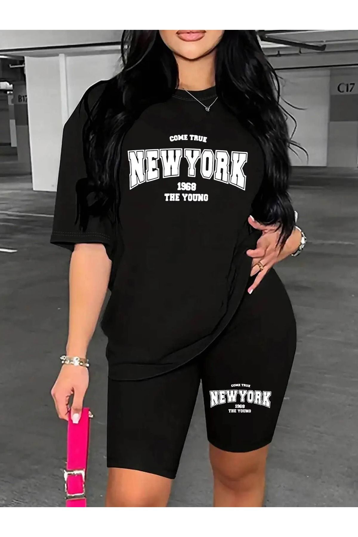WOODROFFE Kadın New York Baskılı T-shirt, Scuba Dalgıç Kısa Tayt Takım ( Tayt Tişört Takım )