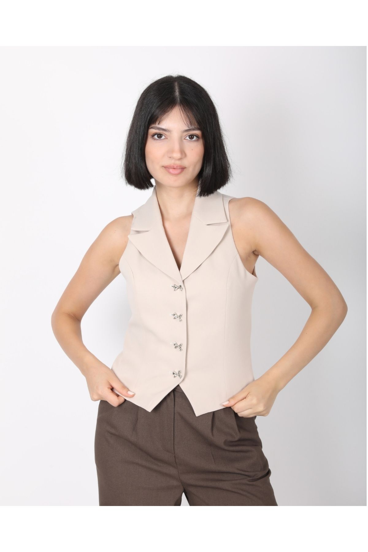DEQ FASHION Kadın Bej Fiyonk Düğmeli Blazer Yelek