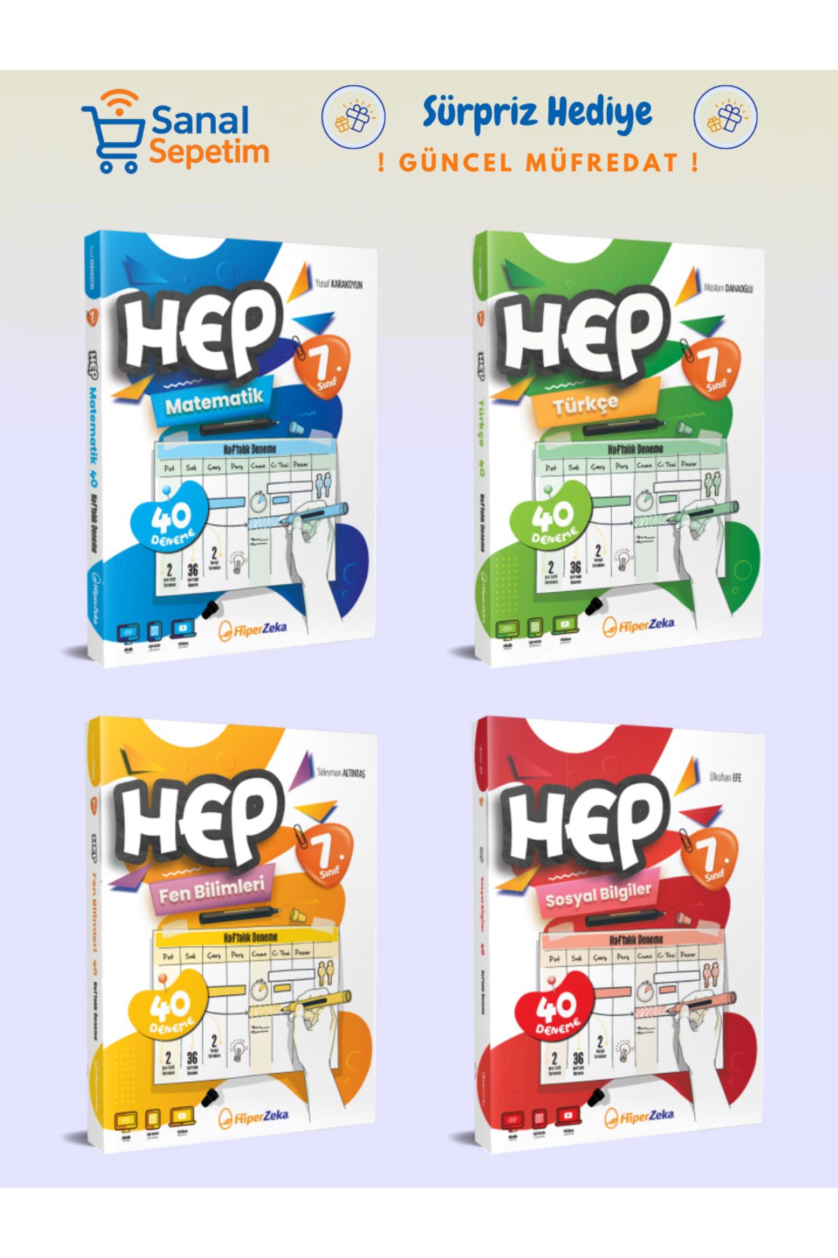 hiper zeka 7. Sınıf HEP Matematik + Türkçe + Fen Bilimleri + Sosyal Bilgiler Haftalık Deneme S.B. SET