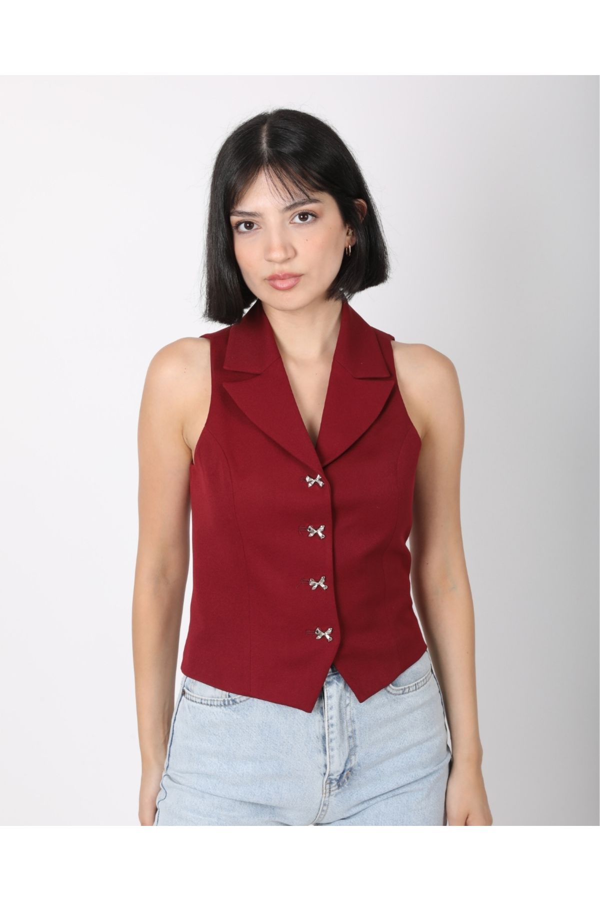 DEQ FASHION Kadın Bordo Fiyonk Düğmeli Blazer Yelek
