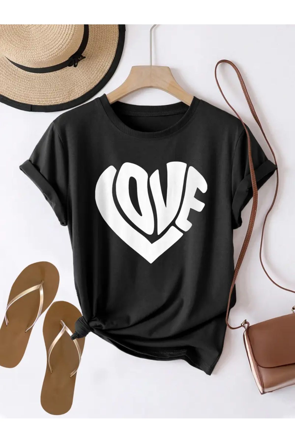 AEMİ Unisex Love Baskılı Oversize Bisiklet Yaka T-shirt