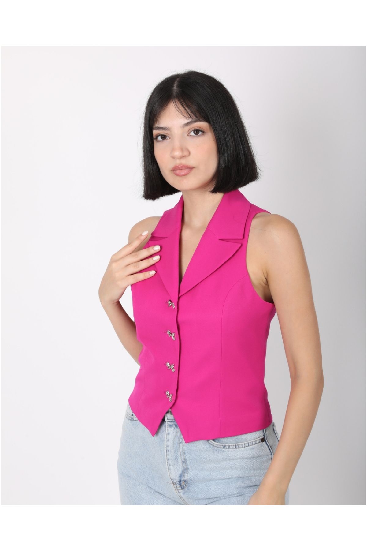 DEQ FASHION Kadın Fuşya Fiyonk Düğmeli Blazer Yelek