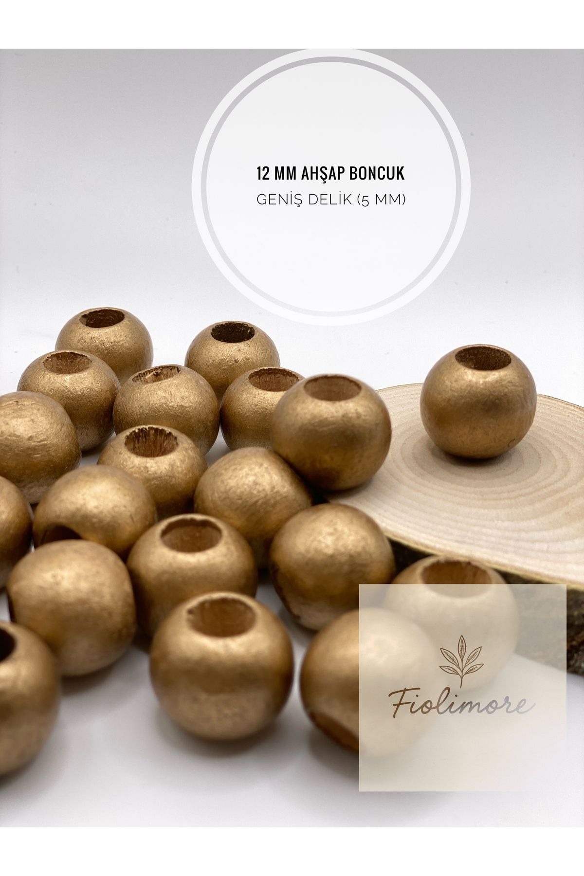 Fiolimore Altın Sarı Ahşap Boncuk 12 mm (50 Gram 105 Adet) Delik Çapı 5 mm Yuvarlak Tahta Renkli Boncuk