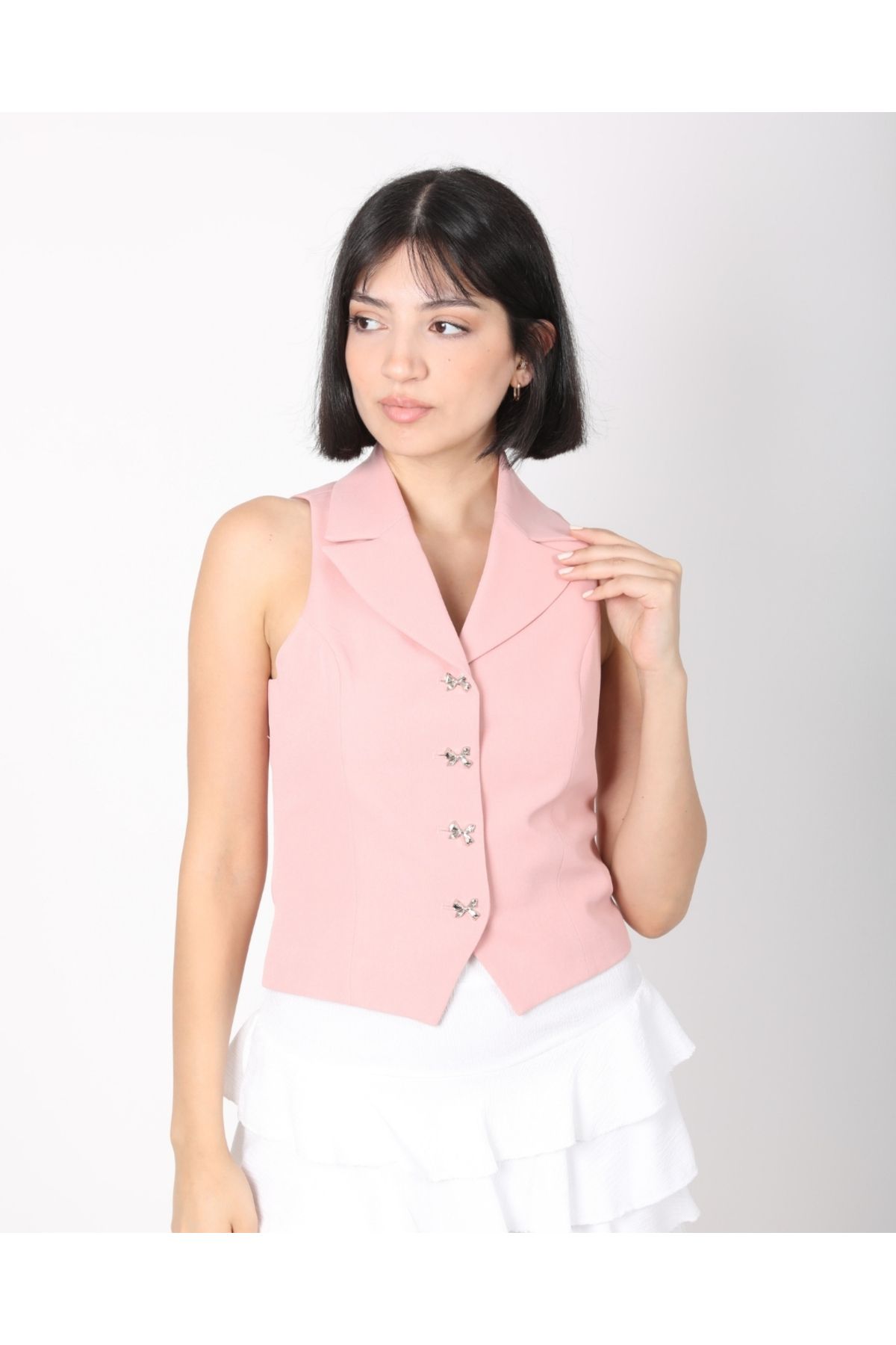 DEQ FASHION Kadın Pembe Fiyonk Düğmeli Blazer Yelek