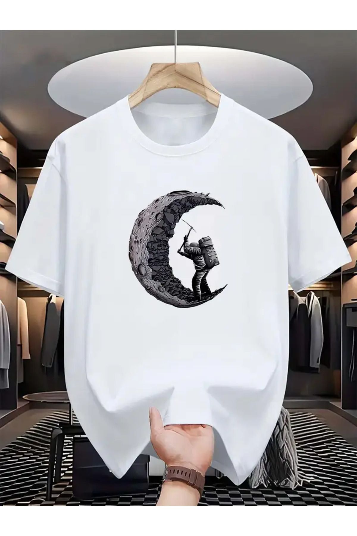 AEMİ Unisex Moon Digger Baskılı Oversize Bisiklet Yaka T-shirt