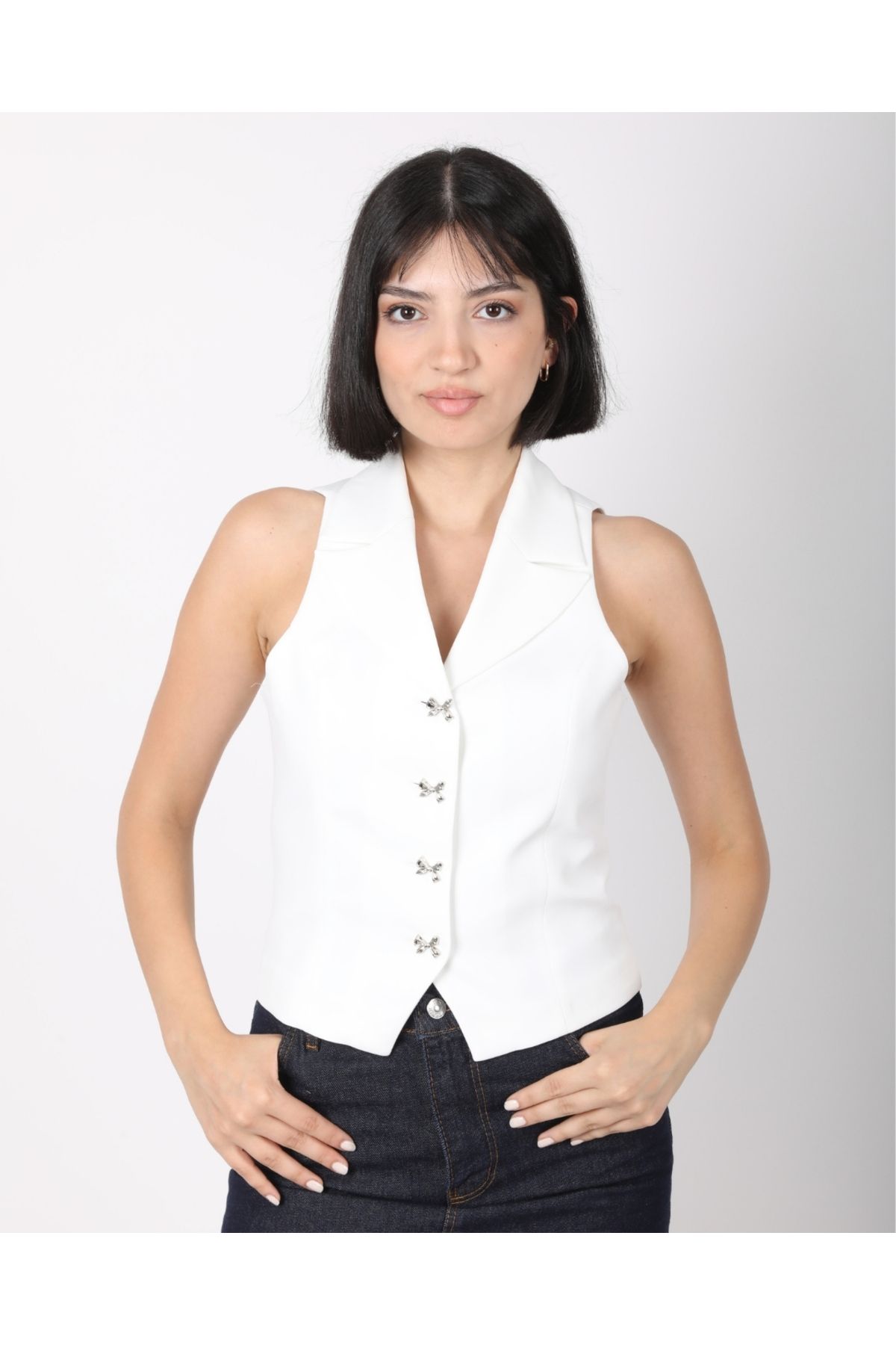 DEQ FASHION Kadın Beyaz Fiyonk Düğmeli Blazer Yelek