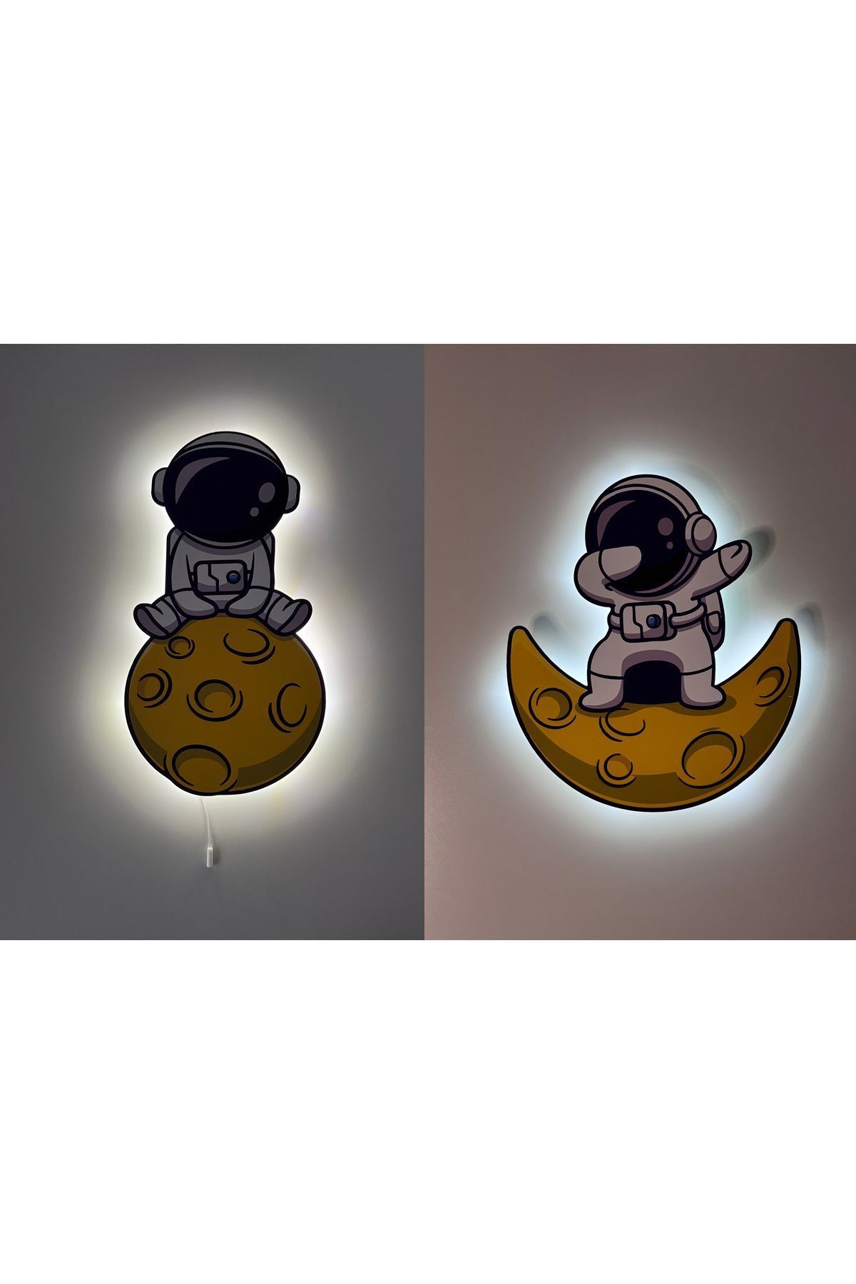 SerenityHaven Dekoratif Ahşap Baskılı Ayda Oturan Ve Ay Üstünde Astronot Çocuk Odası Gece Lambası (2'Lİ ÜRÜN)