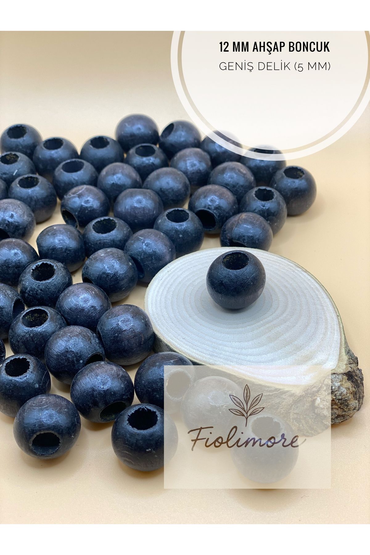 Fiolimore Siyah Ahşap Boncuk 12 mm (50 Gram 105 Adet) Delik Çapı 5 mm Yuvarlak Tahta Renkli Boncuk Geniş Delik