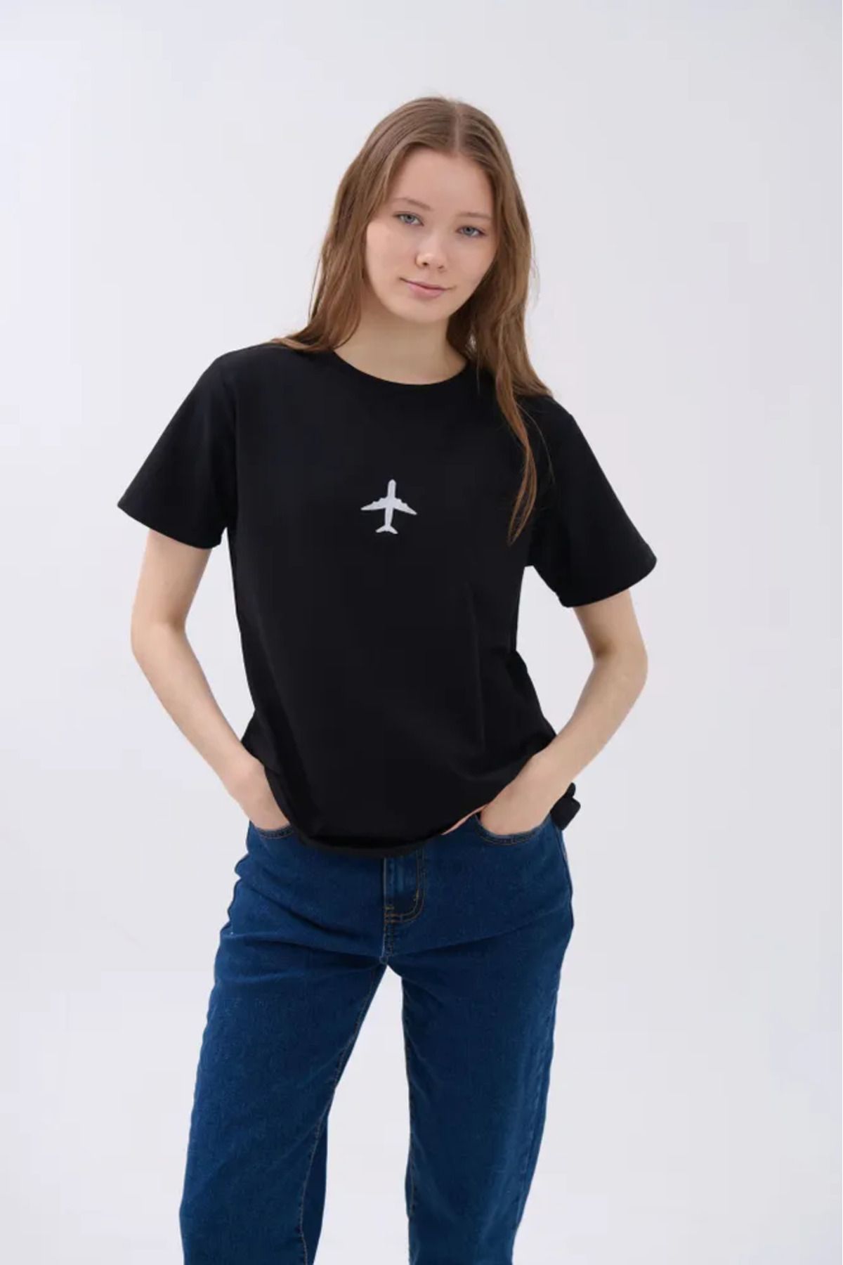 ELNOYA Unisex Pamuklu Siyah Oversize "Uçak" Baskılı Bisiklet Yaka Rahat Günlük T-shirt