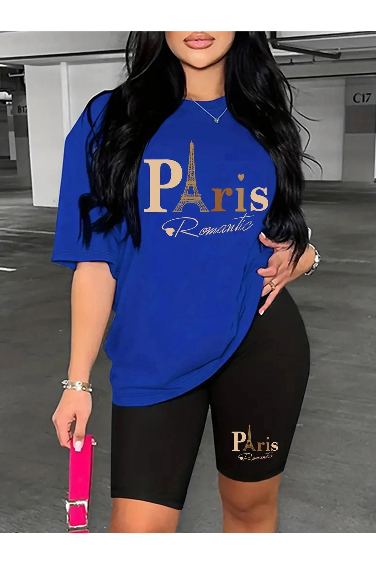 WOODROFFE Kadın Paris Romantik Baskılı T-shirt, Scuba Dalgıç Kısa Tayt ( Tayt Tişört Takım )