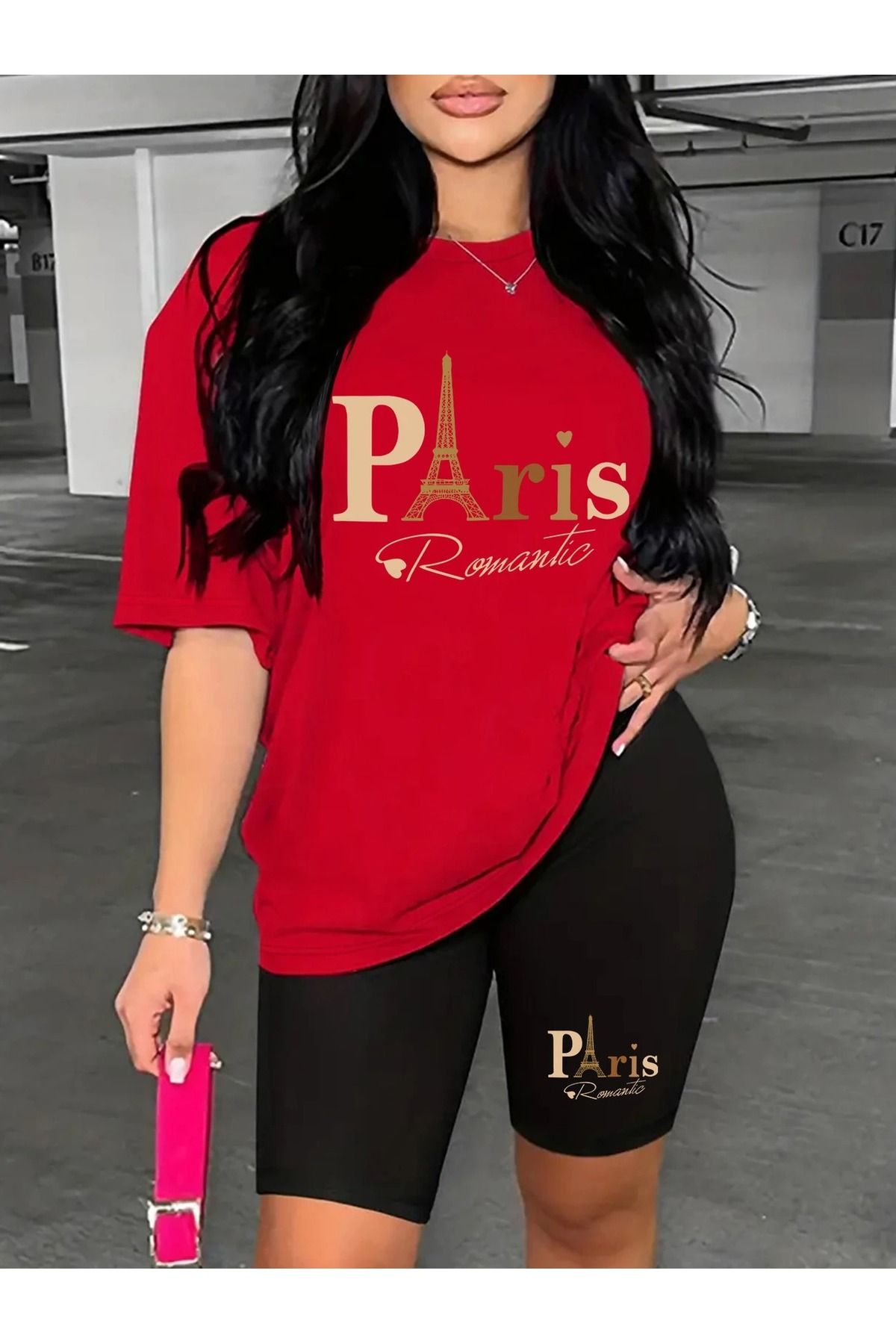 WOODROFFE Kadın Paris Romantik Baskılı T-shirt, Scuba Dalgıç Kısa Tayt ( Tayt Tişört Takım )