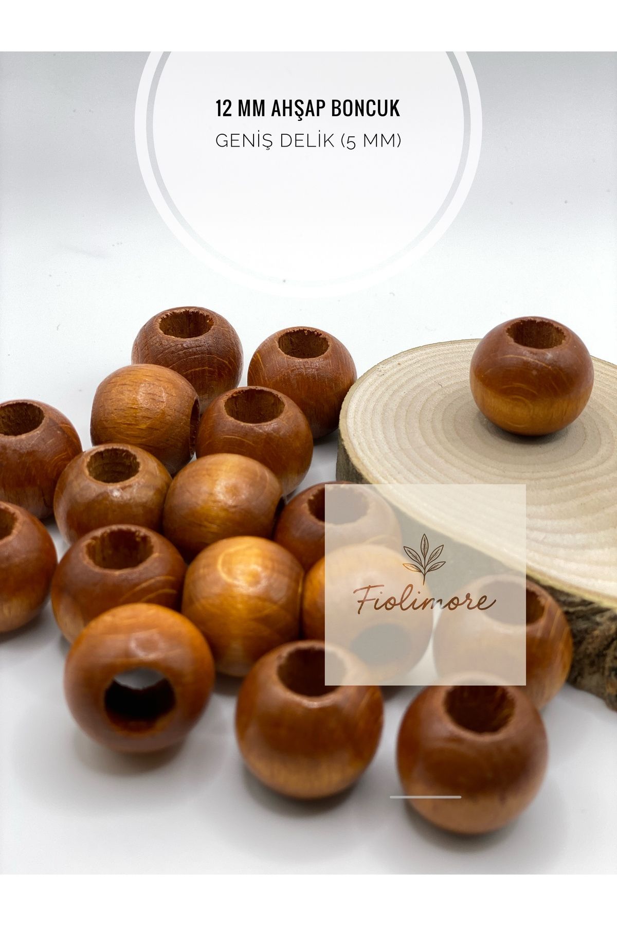 Fiolimore Taba Kahve Ahşap Boncuk 12 mm (50 Gram 105 Adet) Delik Çapı 5 mm Yuvarlak Tahta Renkli Geniş Delik