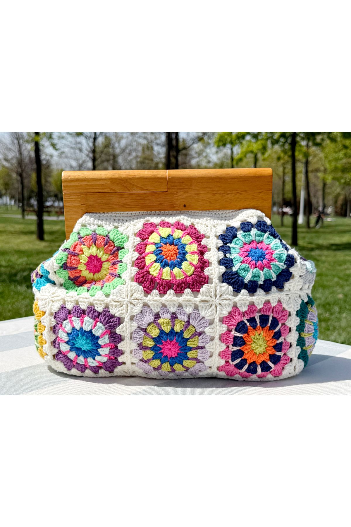 Bunibag RENKLİ AHŞAP BURSLU ÖRGÜ ÇANTA