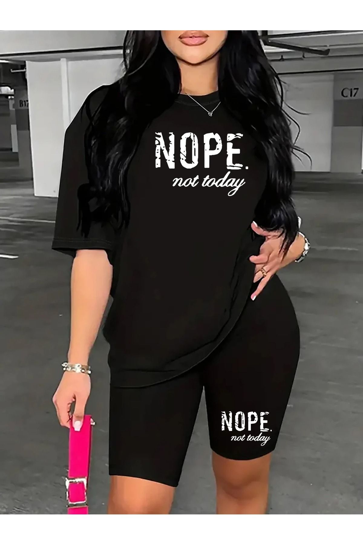 WOODROFFE Kadın NOPE. not today Baskılı T-shirt, Scuba Dalgıç Kısa Tayt ( Tayt Tişört Takım )