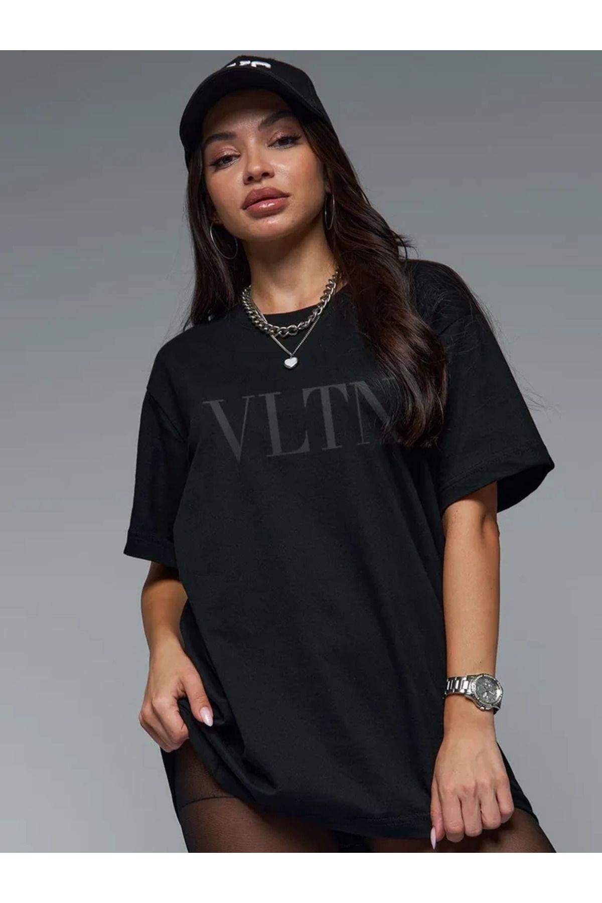 ELNOYA Unisex Pamuklu Beyaz Oversize "Vltn" Baskılı Bisiklet Yaka Rahat Günlük T-shirt