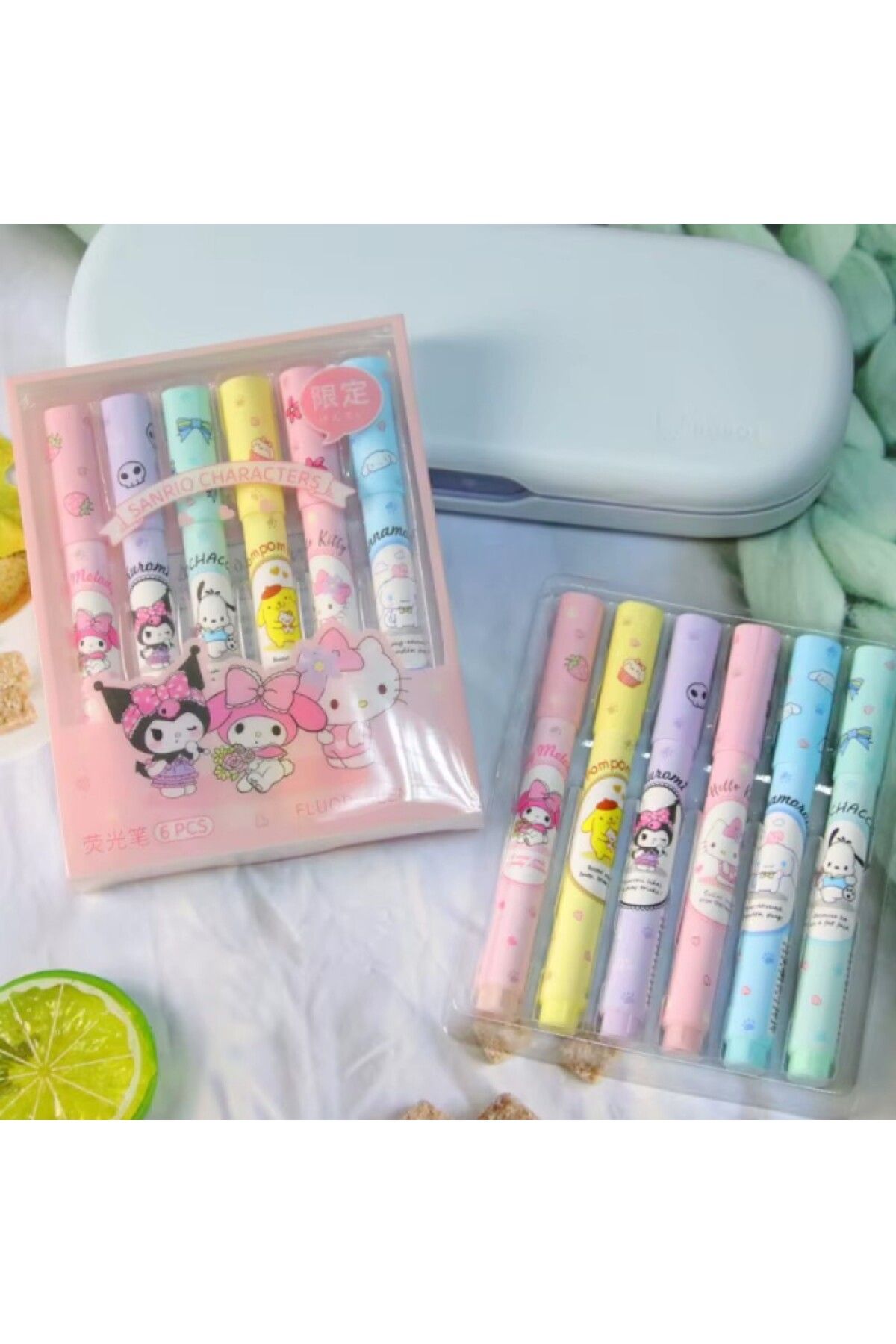 STLIFE 6'lı Fosforlu Kalem Seti Şekilli Boyama Kalemleri Sanrio Karakterleri Kuromi Hello Kitty Kalem