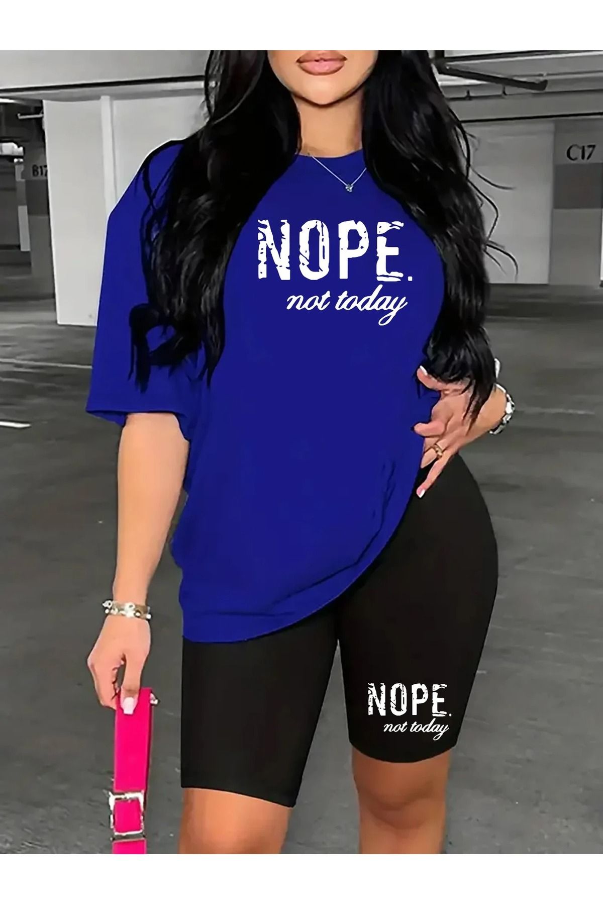 WOODROFFE Kadın NOPE. not today Baskılı T-shirt, Scuba Dalgıç Kısa Tayt ( Tayt Tişört Takım )