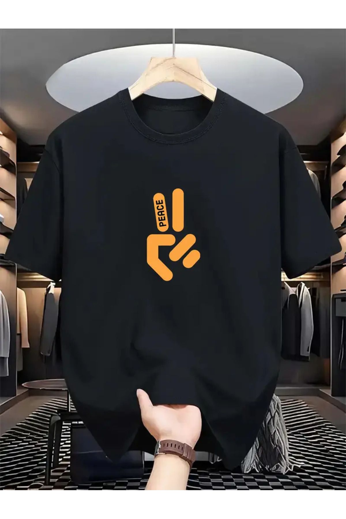 AEMİ Unisex Peace Baskılı Oversize Bisiklet Yaka T-shirt
