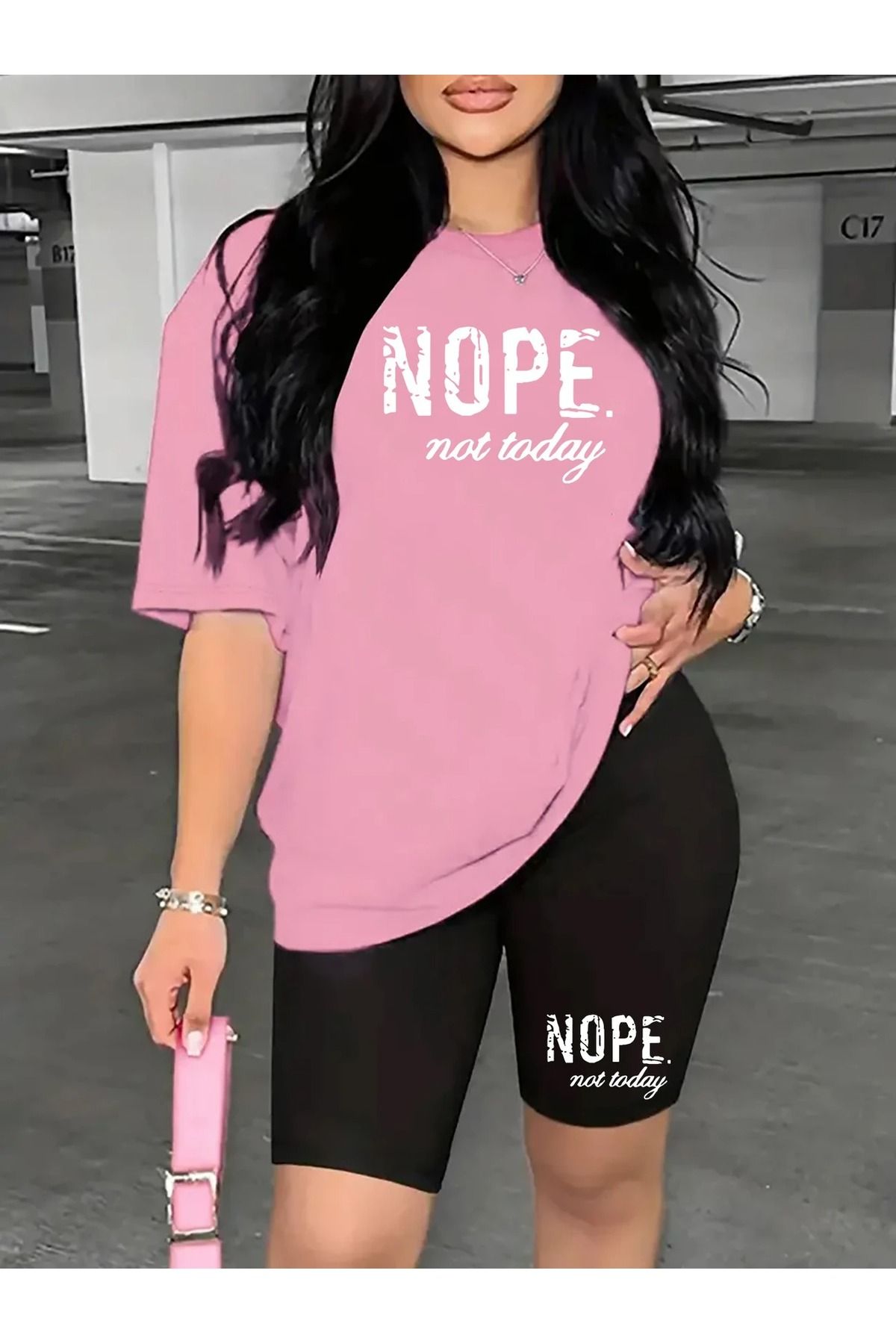 WOODROFFE Kadın NOPE. not today Baskılı T-shirt, Scuba Dalgıç Kısa Tayt ( Tayt Tişört Takım )