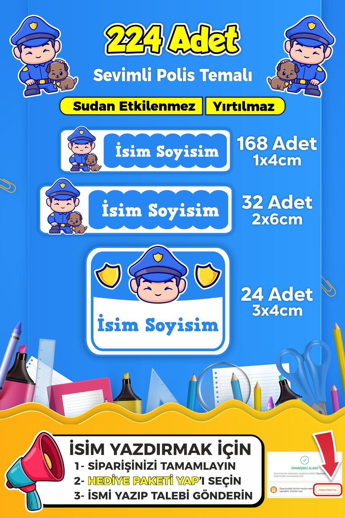 SB store Sevimli Polis Temalı Okul Kreş Kişiye Özel Isim Etiket Seti - Model 310