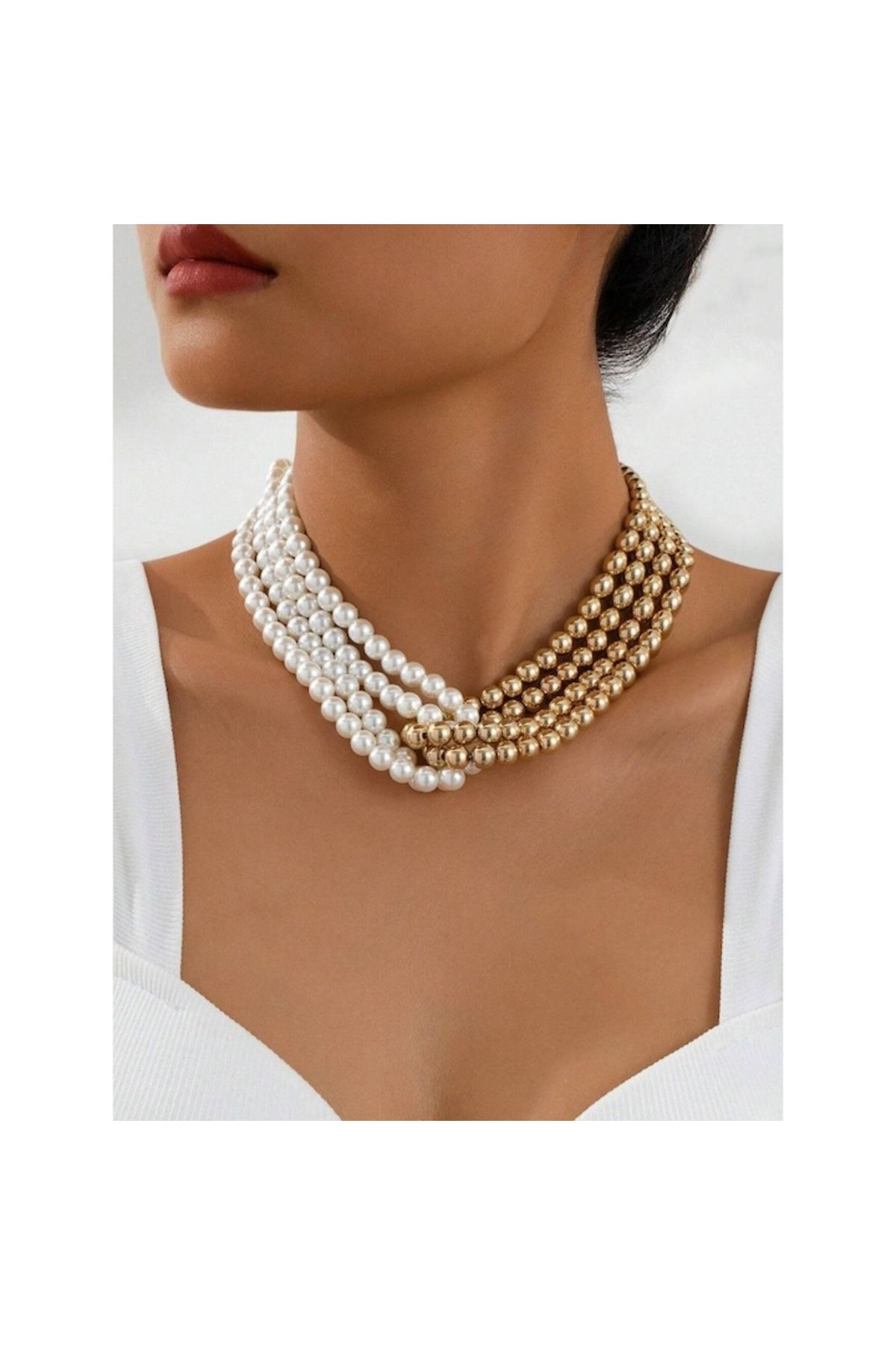 The Casius.-Colier choker model francez, cu mai multe siruri de margele, alb si auriu, theCasius 3