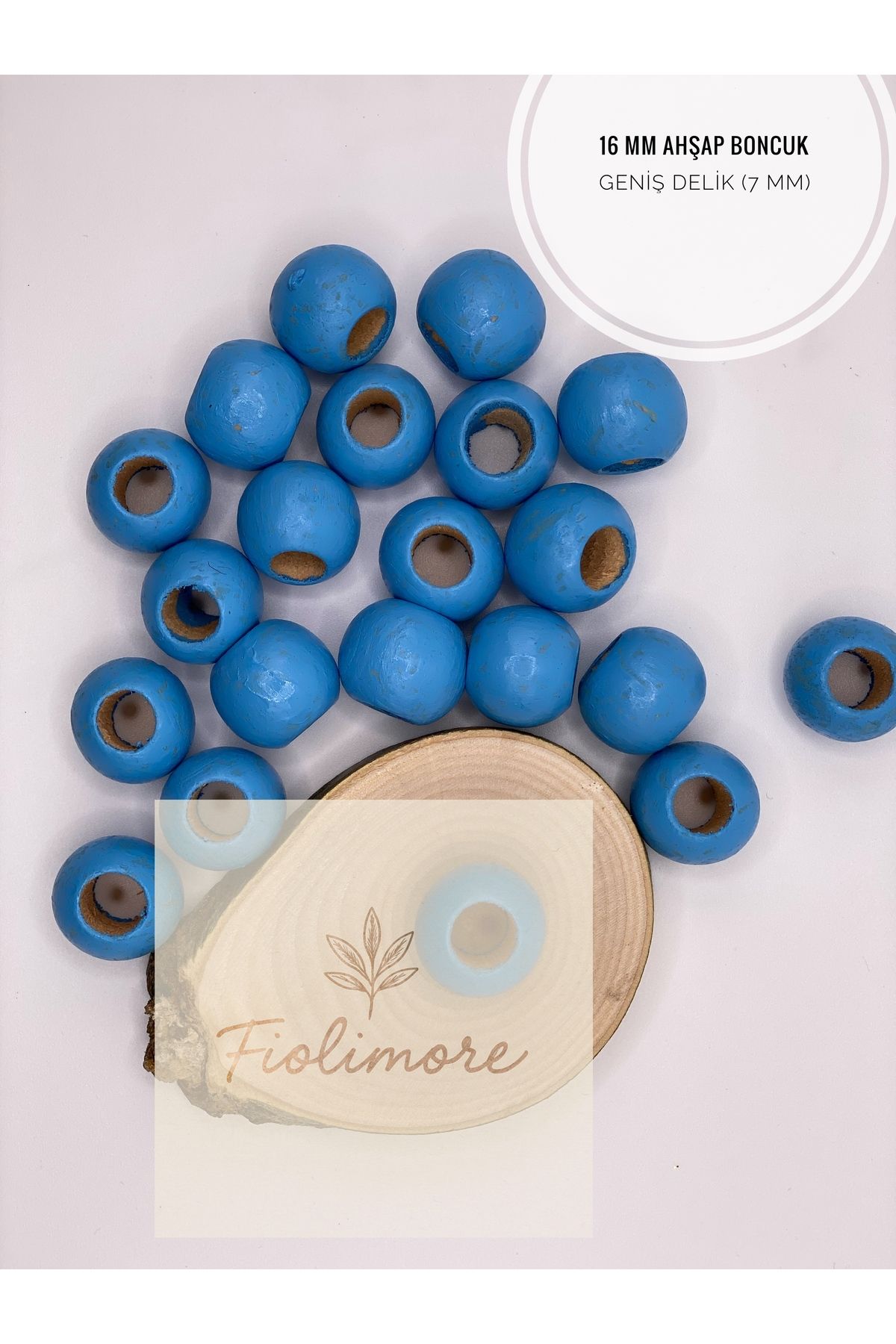 Fiolimore Mavi Ahşap Boncuk 16 mm (50 Gram 40 Adet) Delik Çapı 7 mm Yuvarlak Tahta Renkli Boncuk Geniş Delik