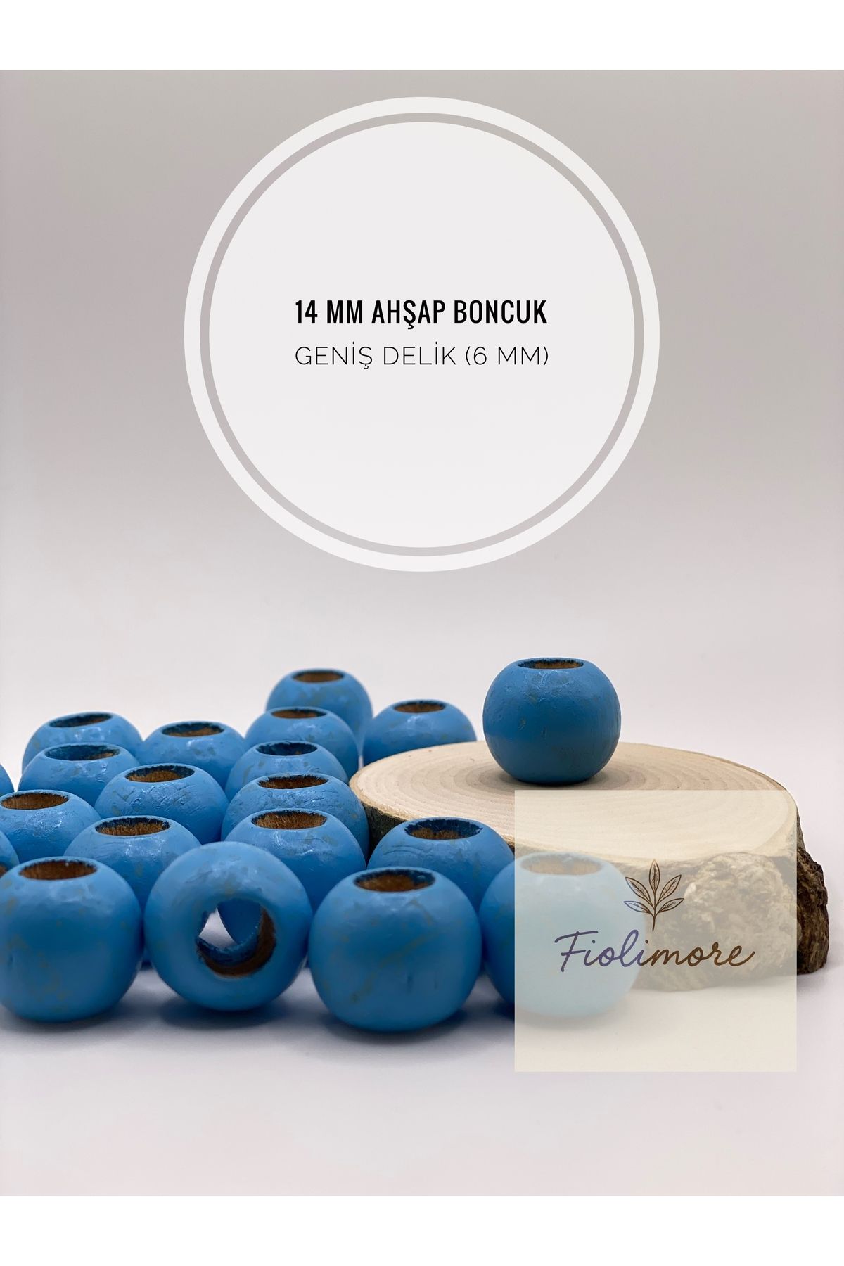 Fiolimore Mavi Ahşap Boncuk 14 mm (50 Gram 60 Adet) Delik Çapı 6 mm Yuvarlak Tahta Renkli Boncuk Geniş Delik