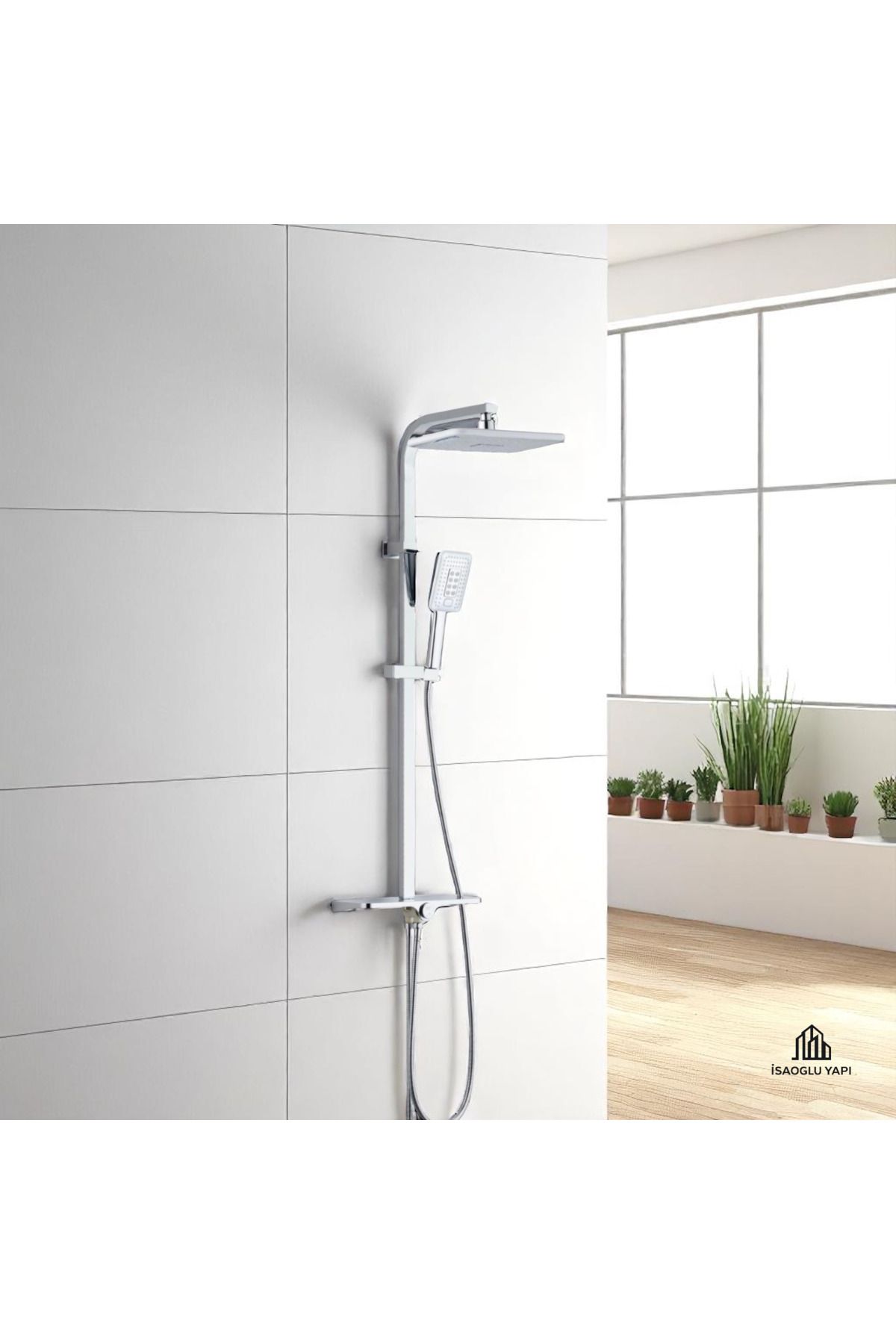 İSAOĞLU YAPI Banyo Duş Sistemi Tepe Yağmurlamalı Kare Borulu Kare Tasarım Premium Duş Başlığı