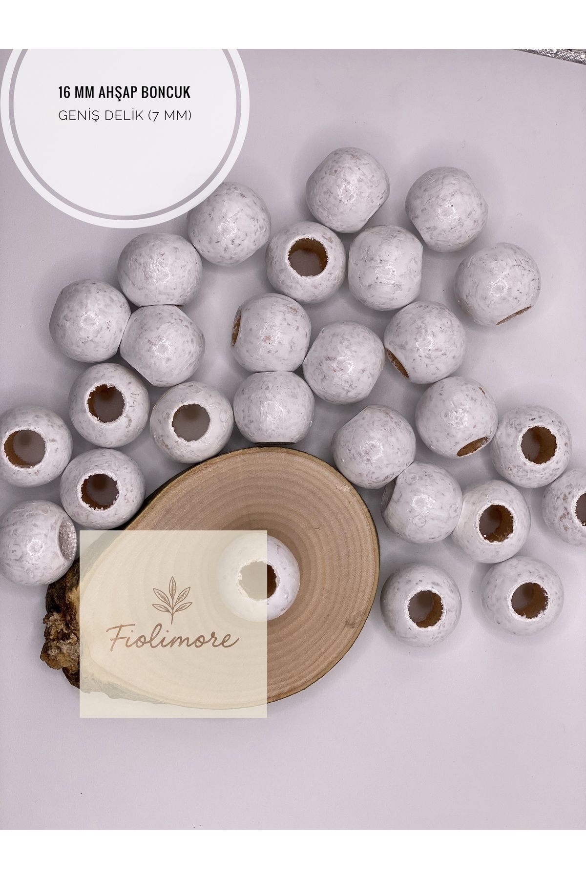 Fiolimore Beyaz Ahşap Boncuk 16 mm (50 Gram 40 Adet) Delik Çapı 7 mm Yuvarlak Tahta Renkli Boncuk Geniş Delik
