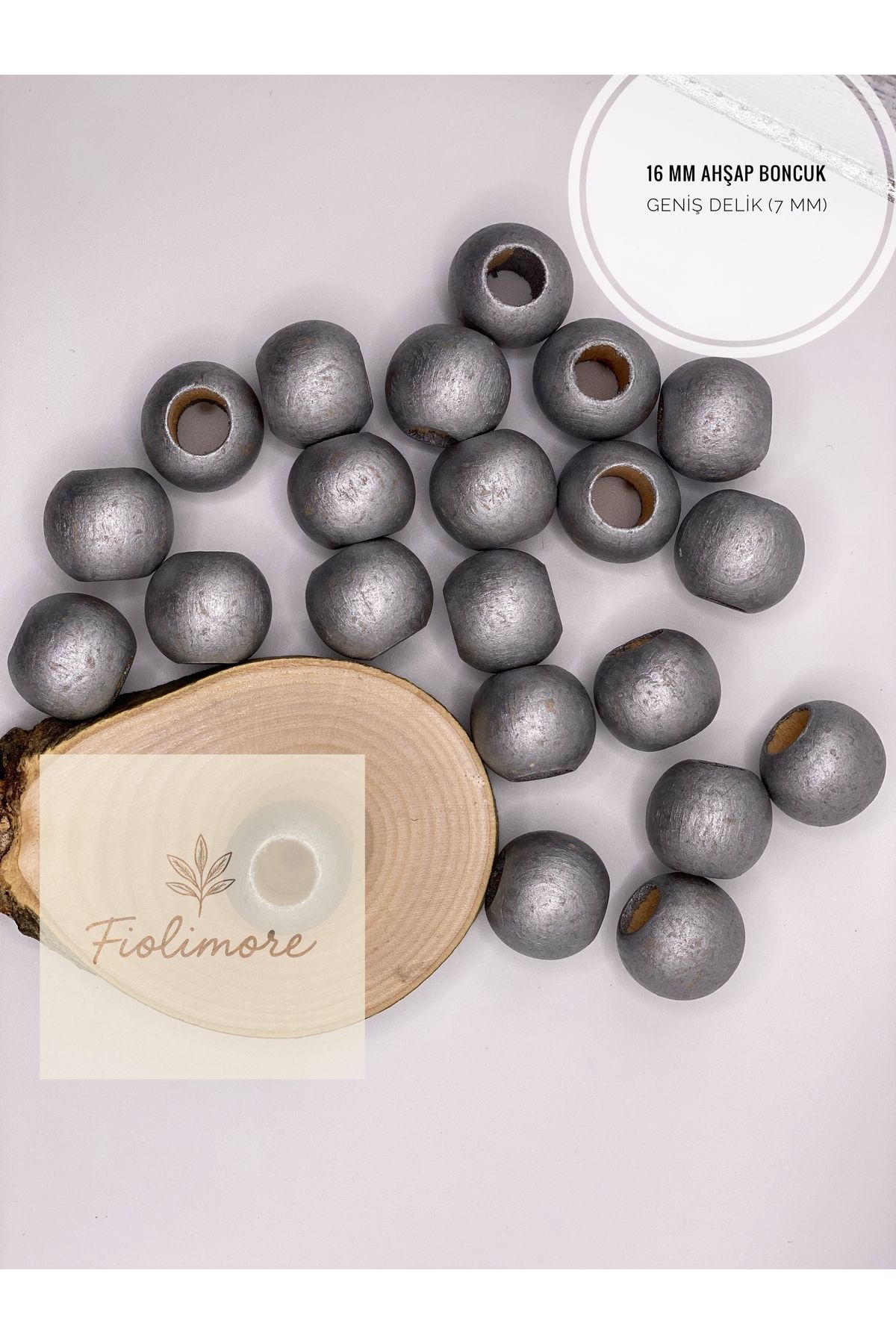 Fiolimore Gri Ahşap Boncuk 16 mm (50 Gram 40 Adet) Delik Çapı 7 mm Yuvarlak Tahta Renkli Boncuk Geniş Delik