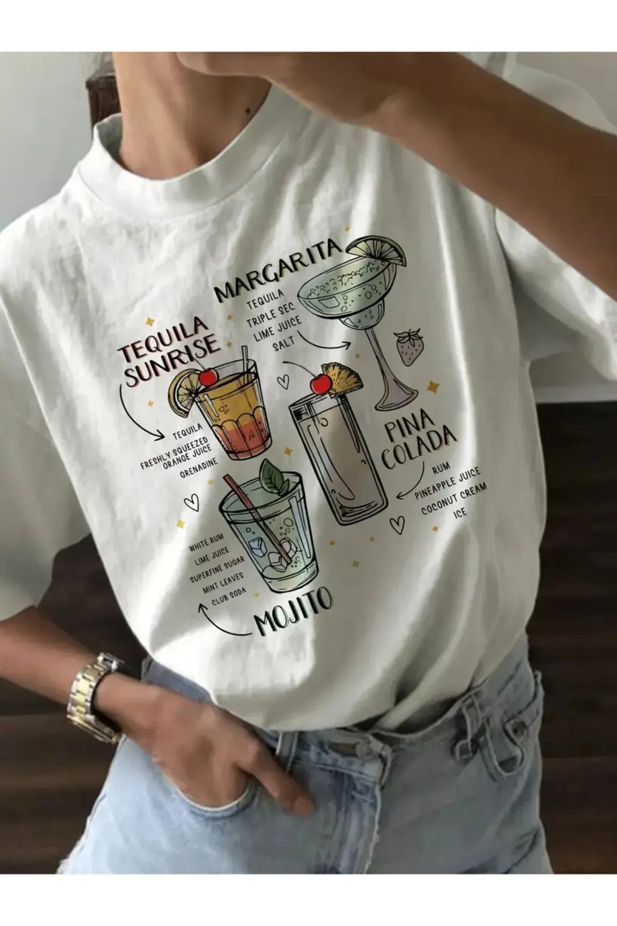 Koklonmoda Unisex Kokteyl Baskılı Oversize T-Shirt