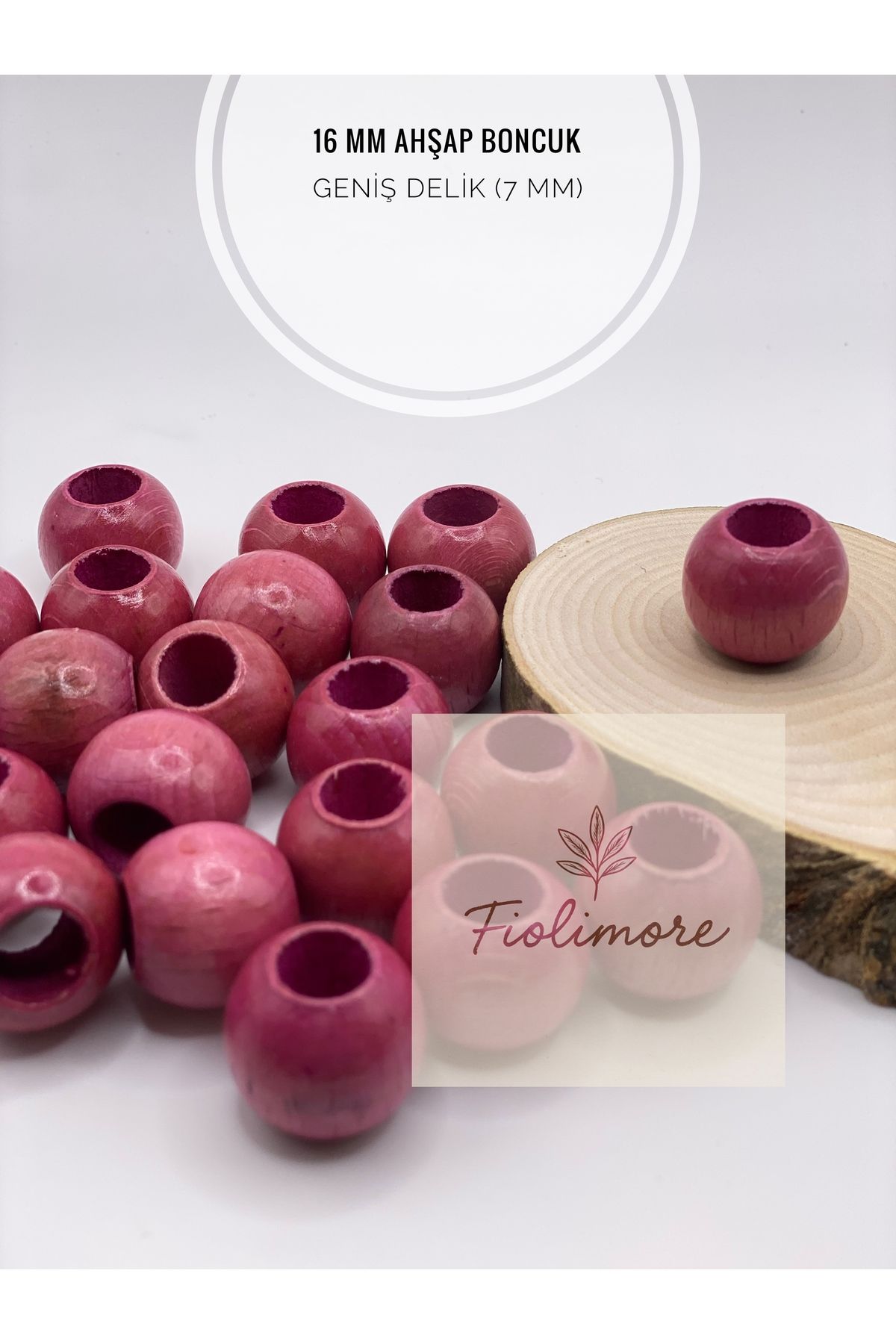 Fiolimore Pudra Pembe Ahşap Boncuk 16 mm (50 Gram 40 Adet) Delik Çapı 7 mm Yuvarlak Tahta Renkli Geniş Delik