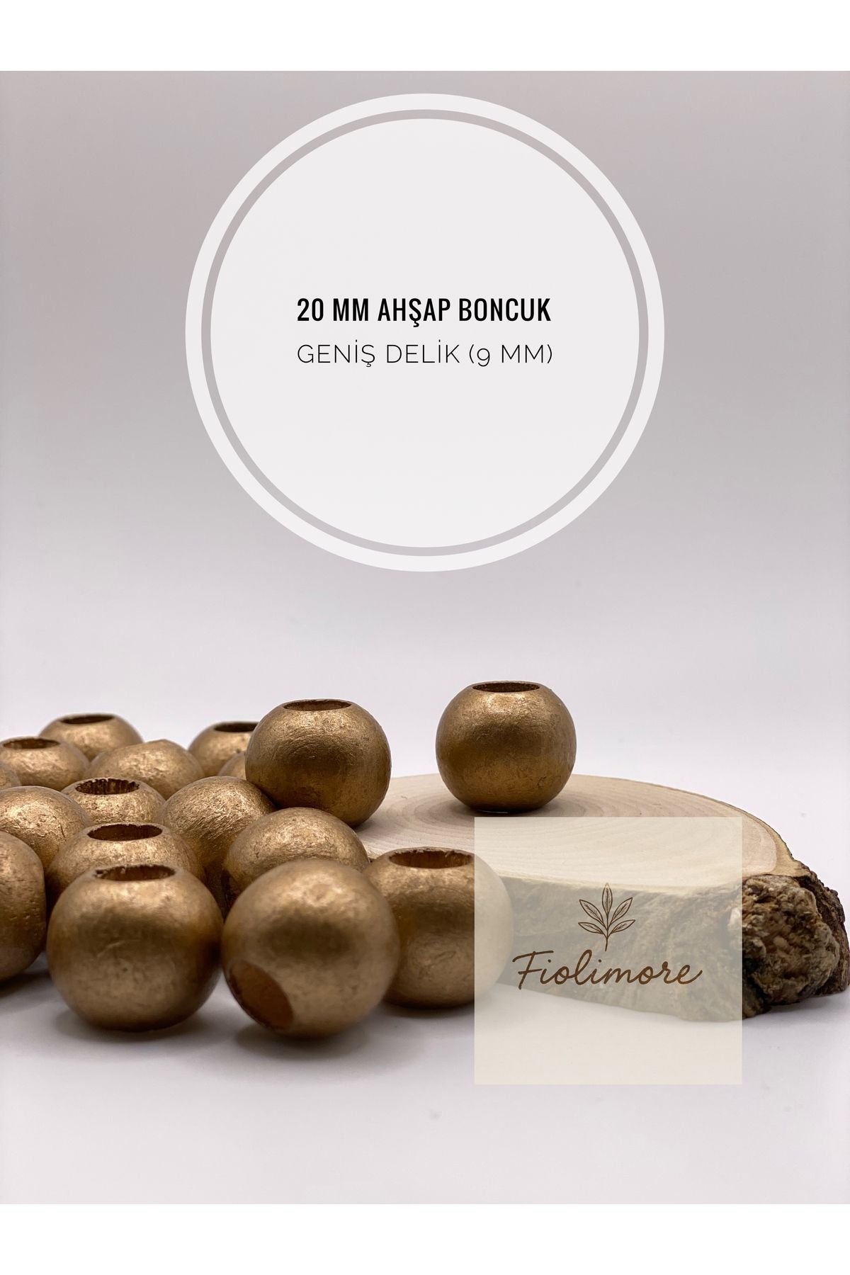 Fiolimore Altın Sarı Ahşap Boncuk 20 mm (50 Gram 22 Adet) Delik Çapı 9 mm Yuvarlak Tahta Renkli Geniş Delik
