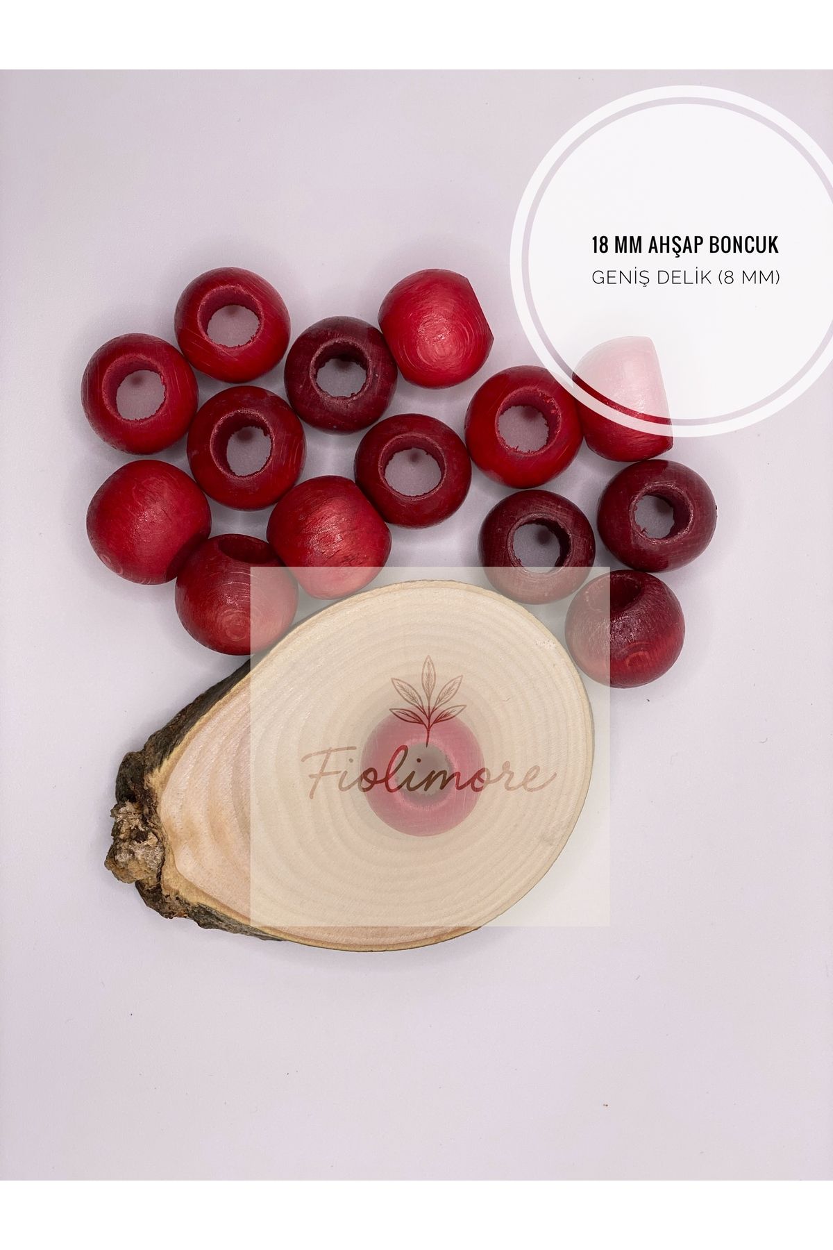 Fiolimore Kırmızı Ahşap Boncuk 18 mm (50 Gram 30 Adet) Delik Çapı 8 mm Yuvarlak Tahta Renkli Geniş Delik