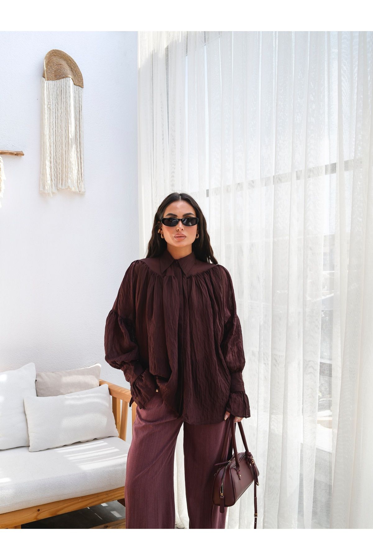 ENZOI Kadın Şifon Dökümlü Oversize Gömlek Bluz