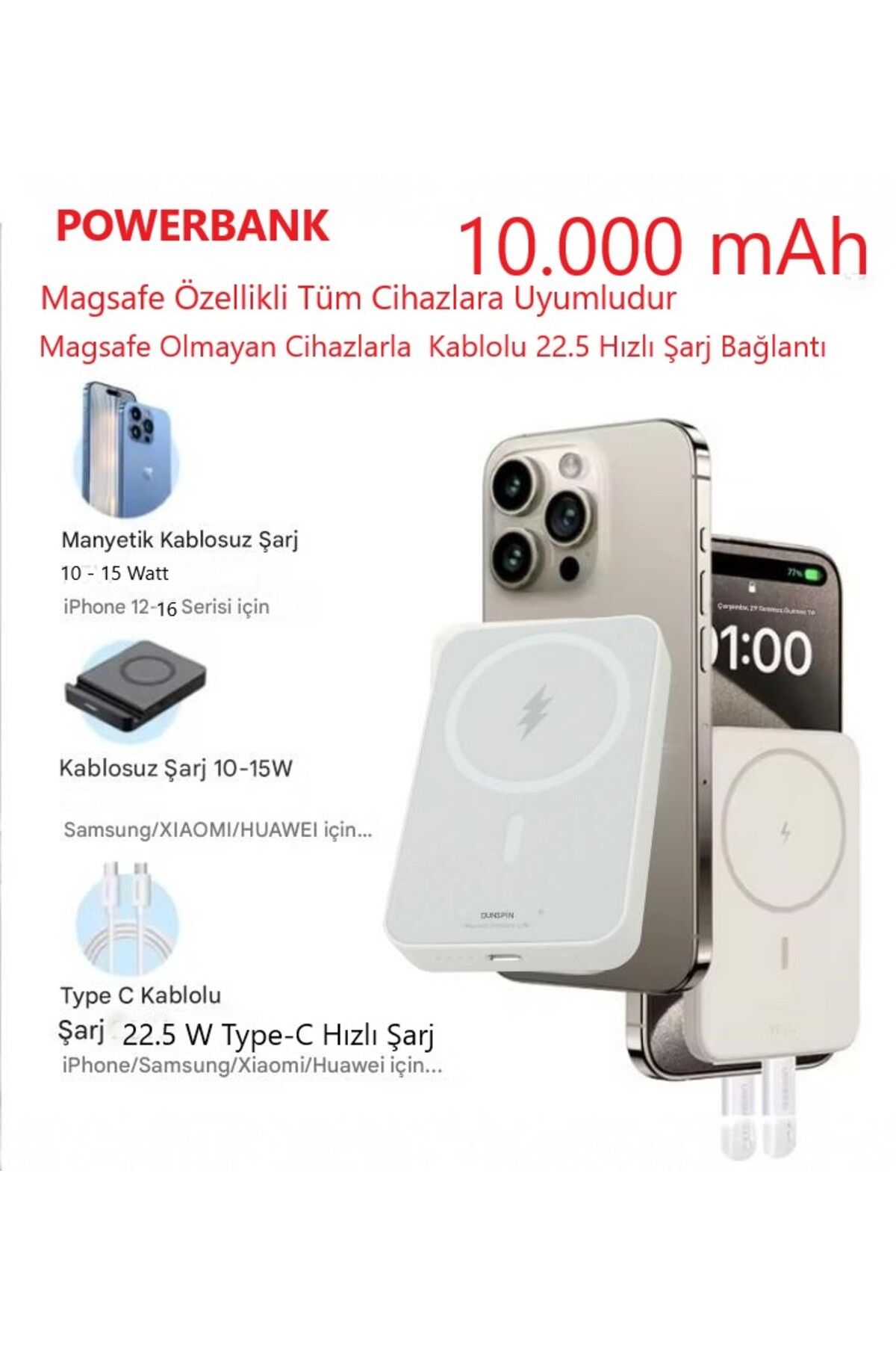 Kılıforyum 10.000 Mah 22.5W Hızlı Şarj Magsafe Kablosuz Şarj Cihazı Type-C Bağlantı
