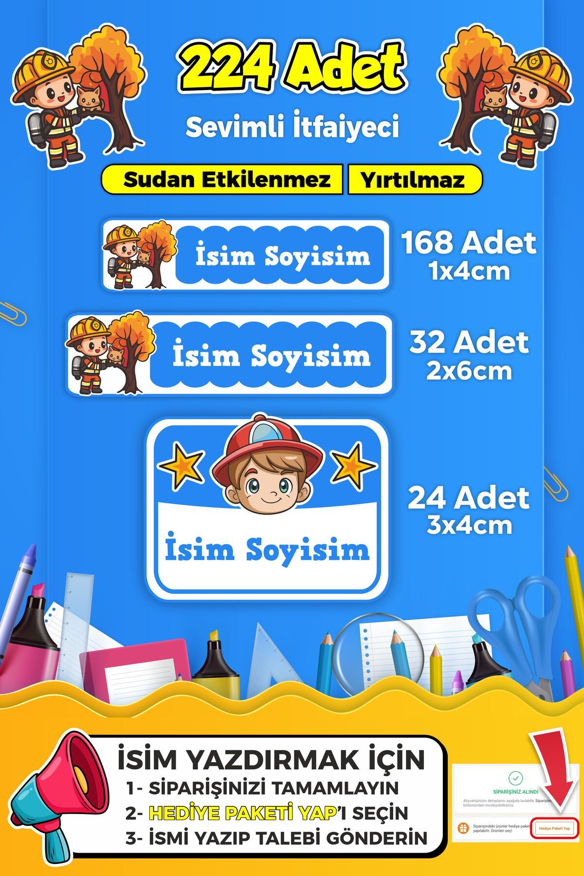 SB store Sevimli İtfaiyeci Temalı Okul Kreş Kişiye Özel İsim Etiket Seti - Model 317