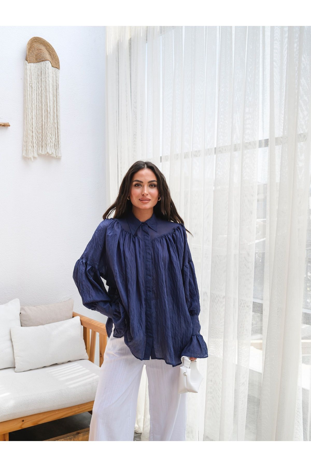 ENZOI Kadın Şifon Dökümlü Oversize Gömlek Bluz