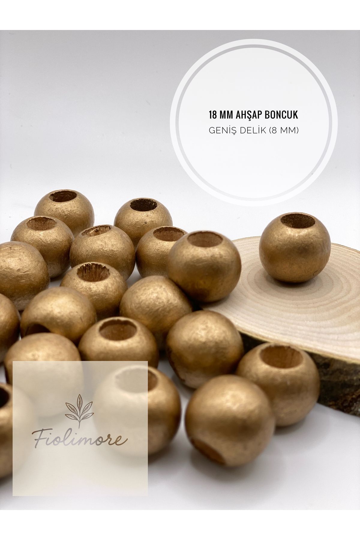 Fiolimore Altın Sarı Ahşap Boncuk 18 mm (50 Gram 30 Adet) Delik Çapı 8 mm Yuvarlak Tahta Renkli Geniş Delik