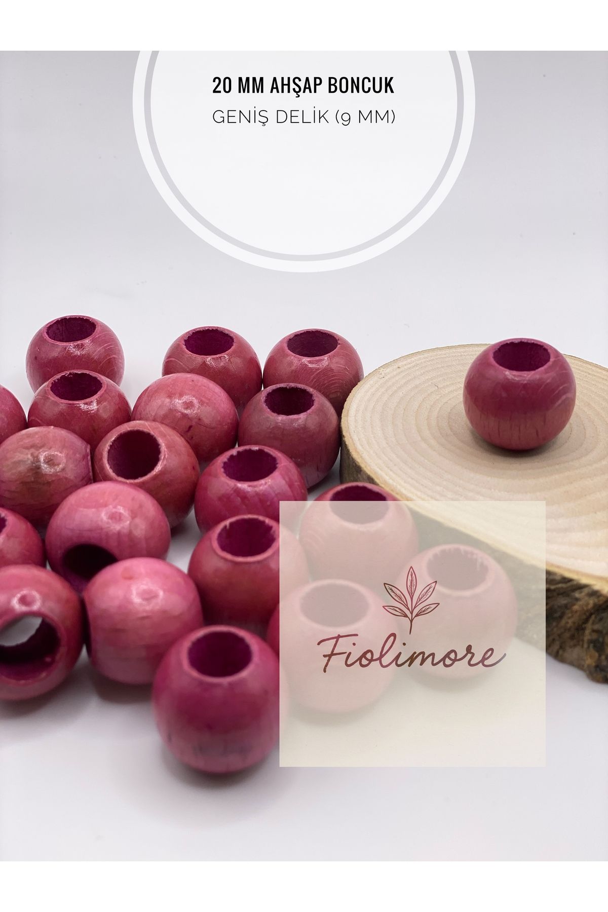 Fiolimore Pudra Pembe Ahşap Boncuk 20 mm (50 Gram 22 Adet) Delik Çapı 9 mm Yuvarlak Tahta Renkli Geniş Delik