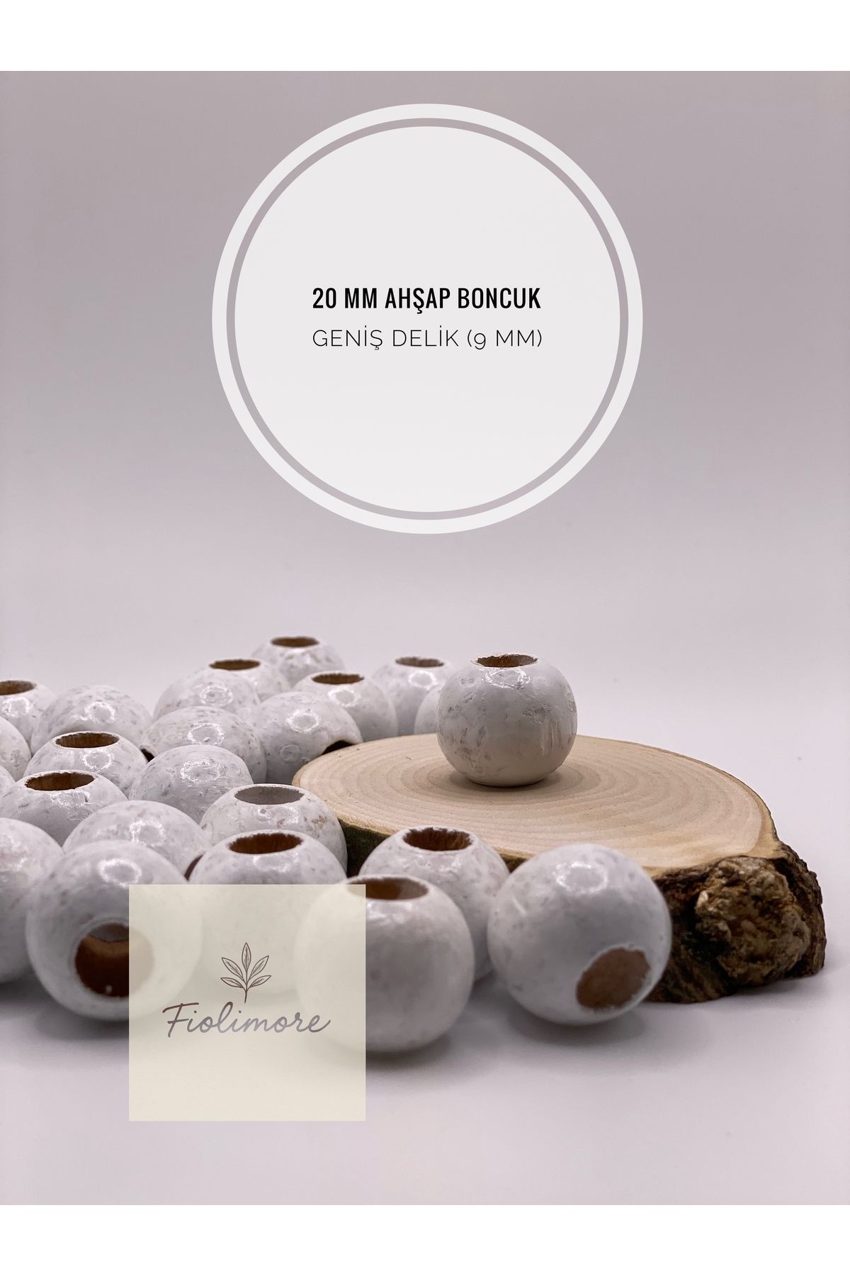 Fiolimore Beyaz Ahşap Boncuk 20 mm (50 Gram 22 Adet) Delik Çapı 9 mm Yuvarlak Tahta Renkli Boncuk Geniş Delik