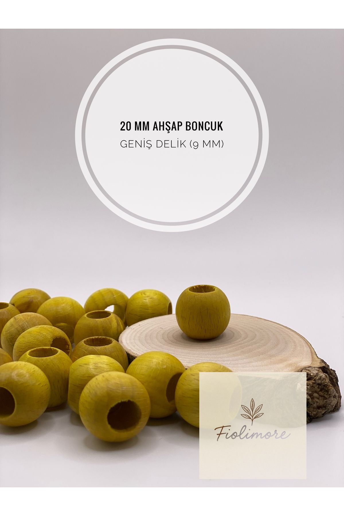 Fiolimore Sarı Ahşap Boncuk 20 mm (50 Gram 22 Adet) Delik Çapı 9 mm Yuvarlak Tahta Renkli Boncuk Geniş Delik