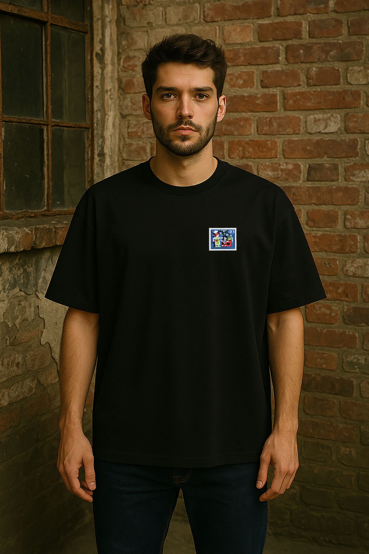 wolka Almanya Posta Pulu Baskılı Unisex %100 Pamuk Oversize Bisiklet Yaka Siyah T-shirt